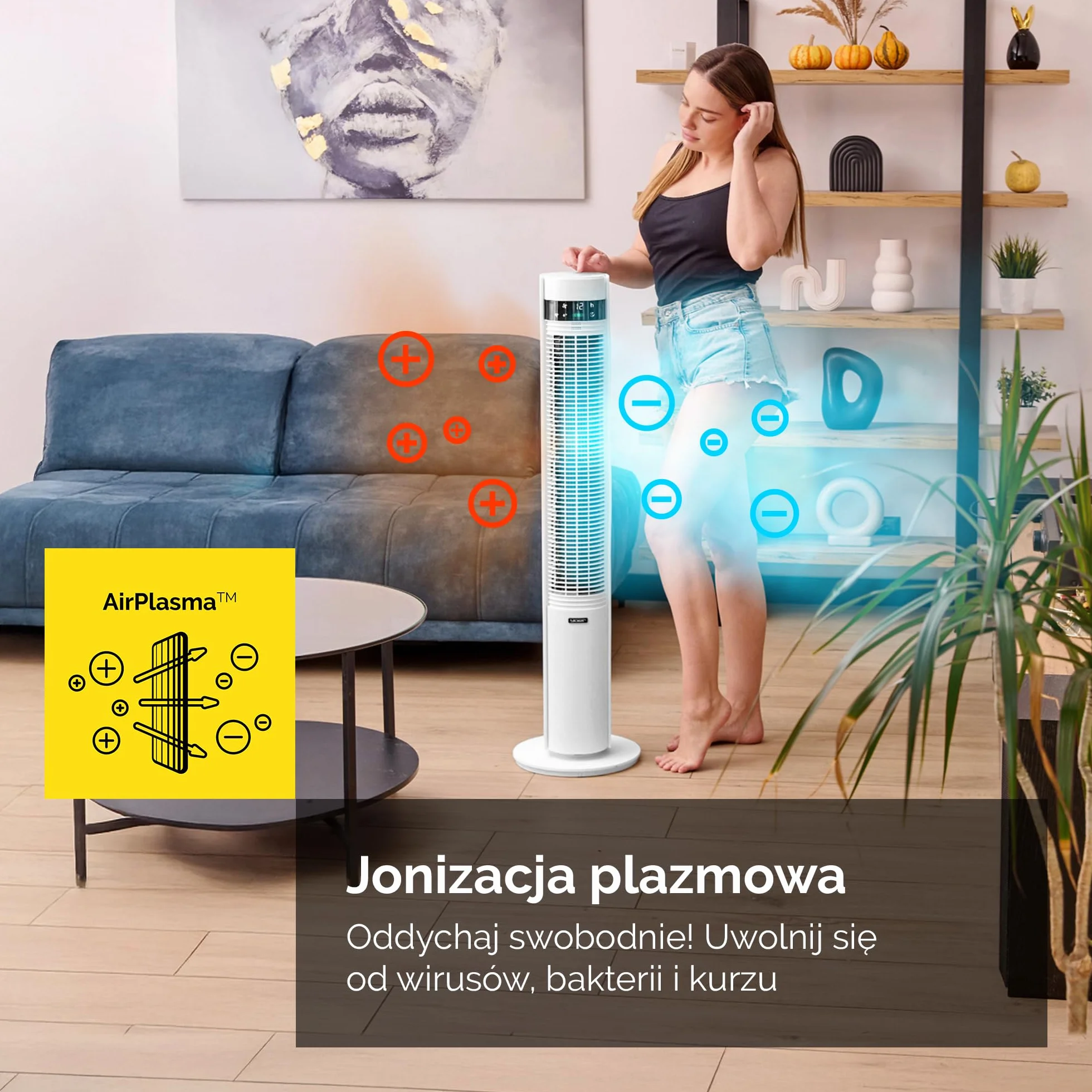 Yoer 19dB Cichy Wentylator kolumnowy, Jonizator plazmowy, 12 m Zasięg nawiewu, 12 Prędkości pracy, 3 Tryby pracy, 12h Timer, 80° Oscylacja, Pilot zdalnego sterowania, CoolWhisper TF07W, biały