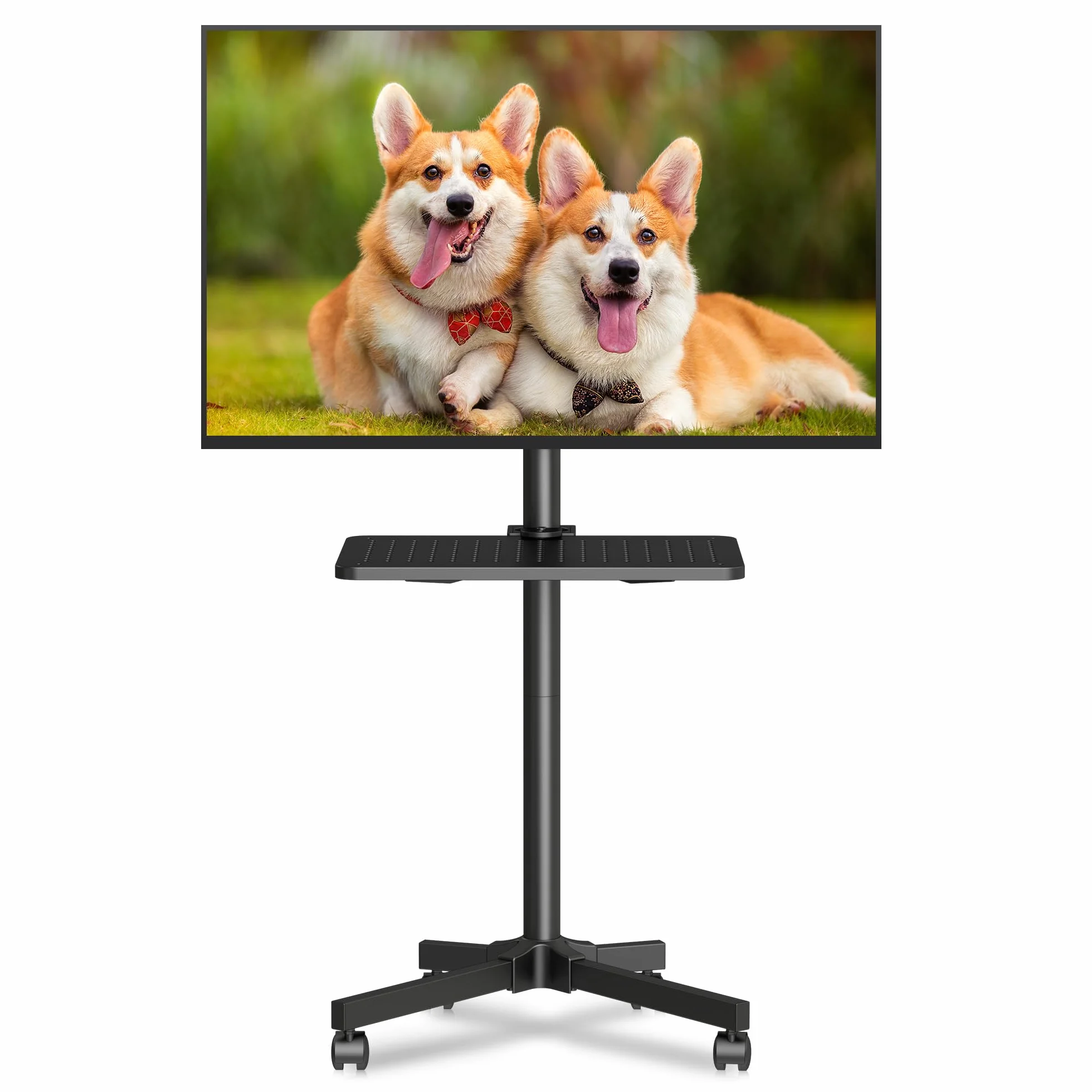 XINLEI Mobilny stojak na telewizor na kółkach z bardzo dużą półką, przenośny wózek na telewizor do płaskich zakrzywionych telewizorów 53.3-152.4 cm do 35 kg, z regulacją wysokości, wysoki stojak na