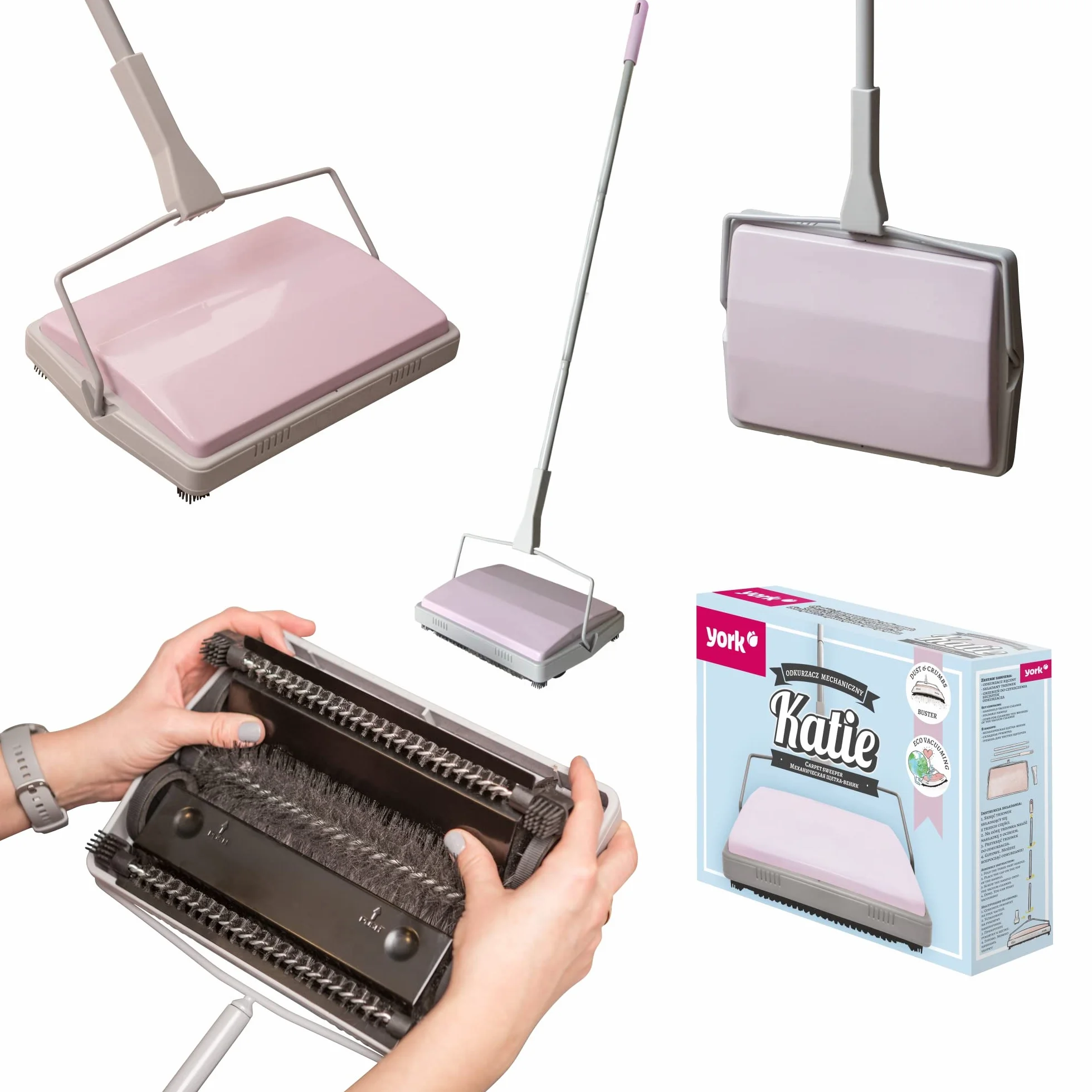 York Zamiatarka ręczna Miotła do zbierania zabrudzeń Sweep Manual Sweeper Mop do dywanów na czterech kołach szaro-różowy