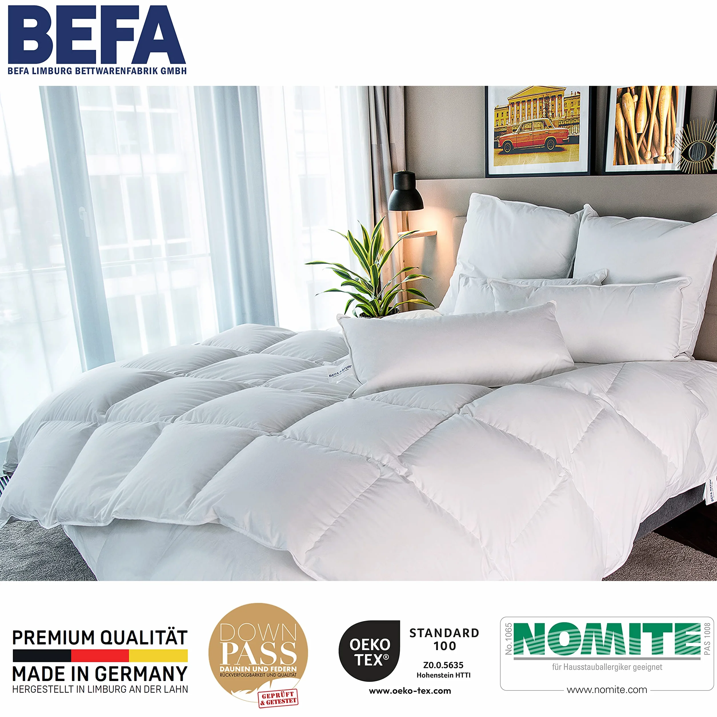 BEFA NATUR Kołdra puchowa całoroczna 240 x 220 cm | 90% puch i 10% pierze | waga wypełnienia 1220 g | nadaje się dla alergików (NOMITE), certyfikat dobrostanu zwierząt (DOWNPASS) | Oeko-Tex klasa 1 |