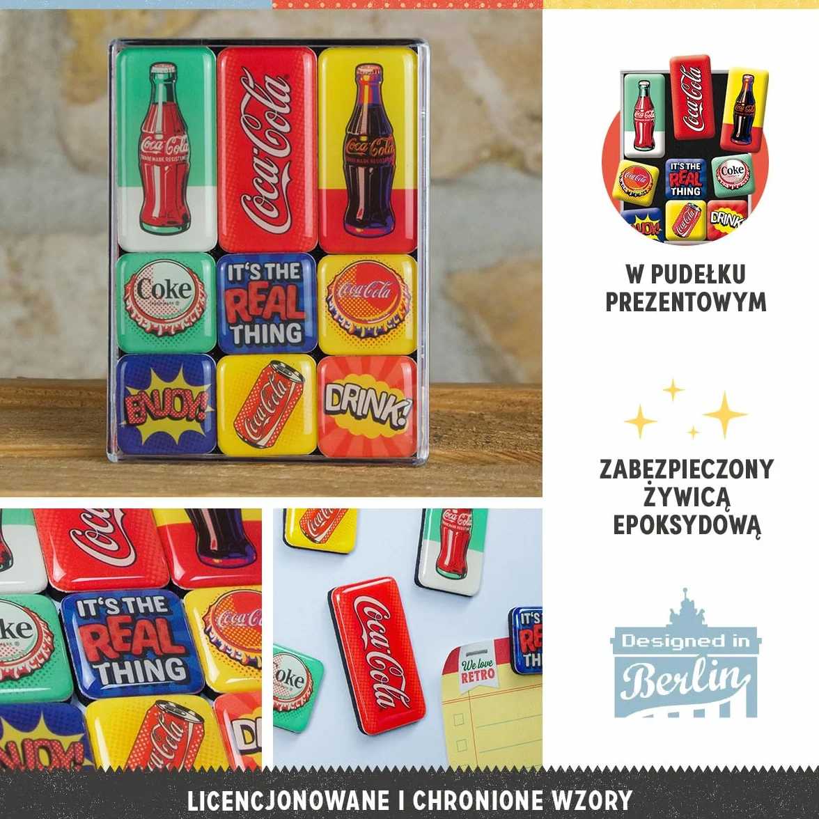 Nostalgic-Art Retro magnesy na lodówkę, 9 sztuk, Coca Cola – Pop Art – Pomysł na prezent dla miłośników Coca-Coli, Official License Product (OLP), zestaw magnesów, Styl vintage