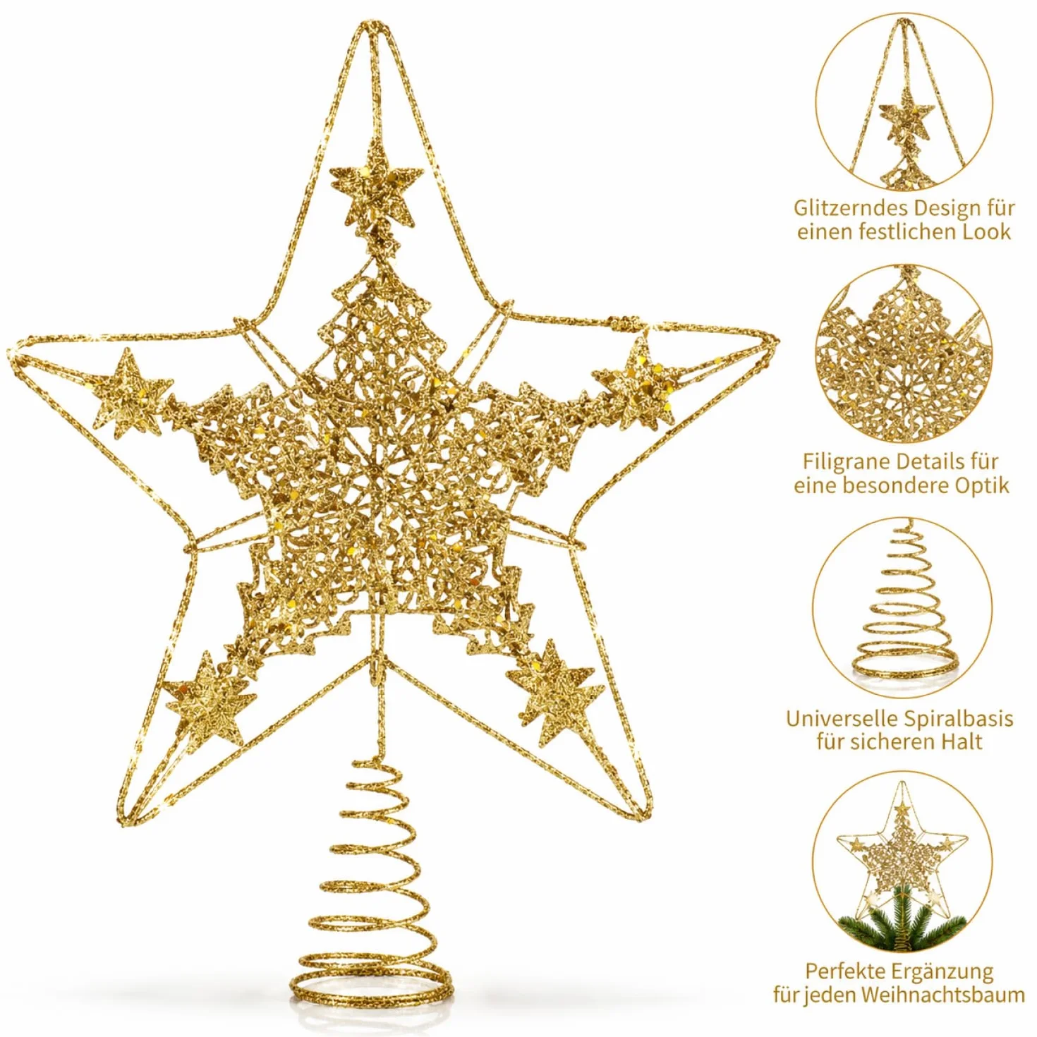 COM-FOUR® deco star Christmas - Ozdoba swiateczna gwiazda wykonana z metalu - stojaca poinsecja z brokatem - zloty wierzcholek choinki (zloty / 28cm)
