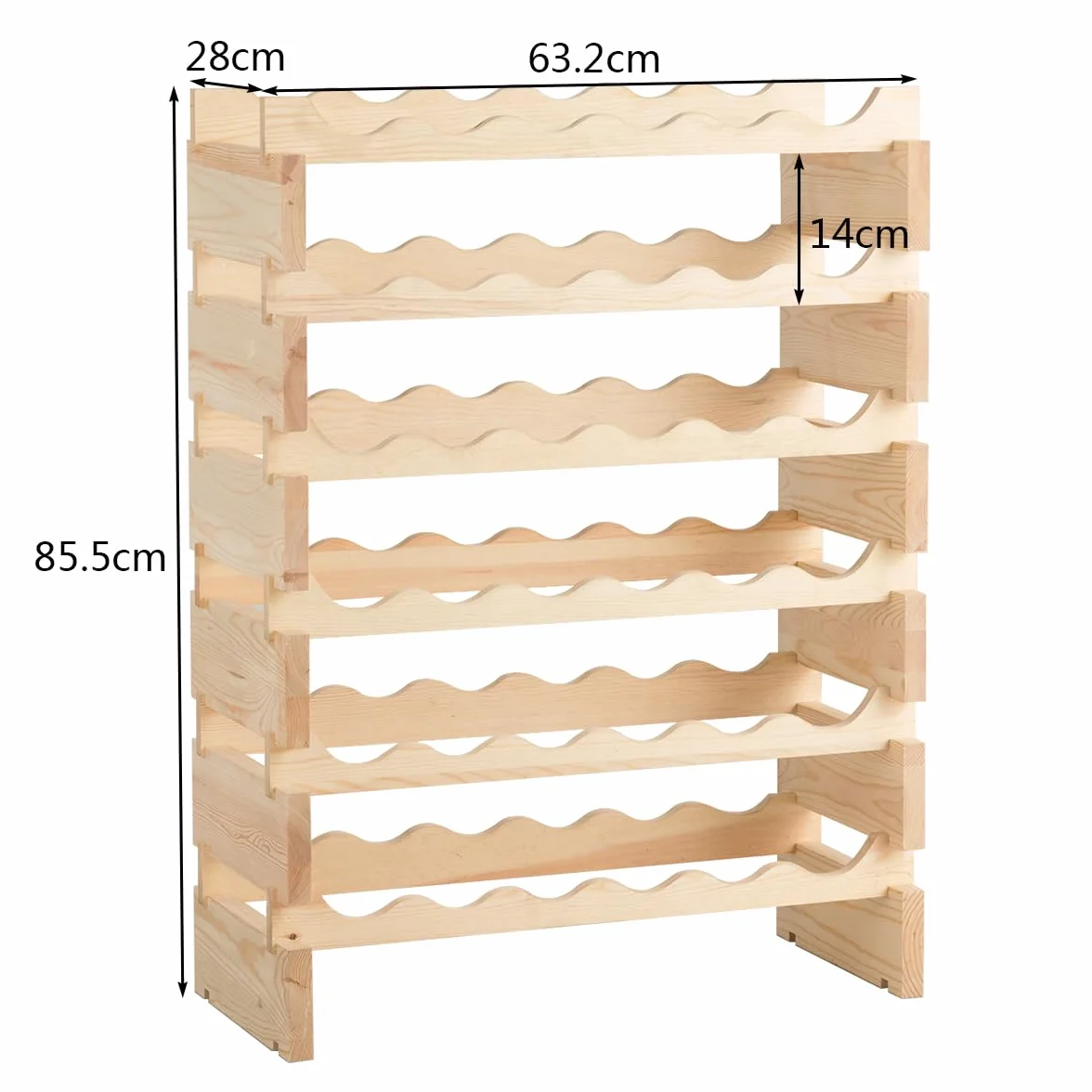 KOMFOTTEU Stojak na butelka na 36 butelek, półka z drewna sosnowego, stojak na wino do układania w stosy, do kuchni, piwnicy, 63 x 28 x 85 cm