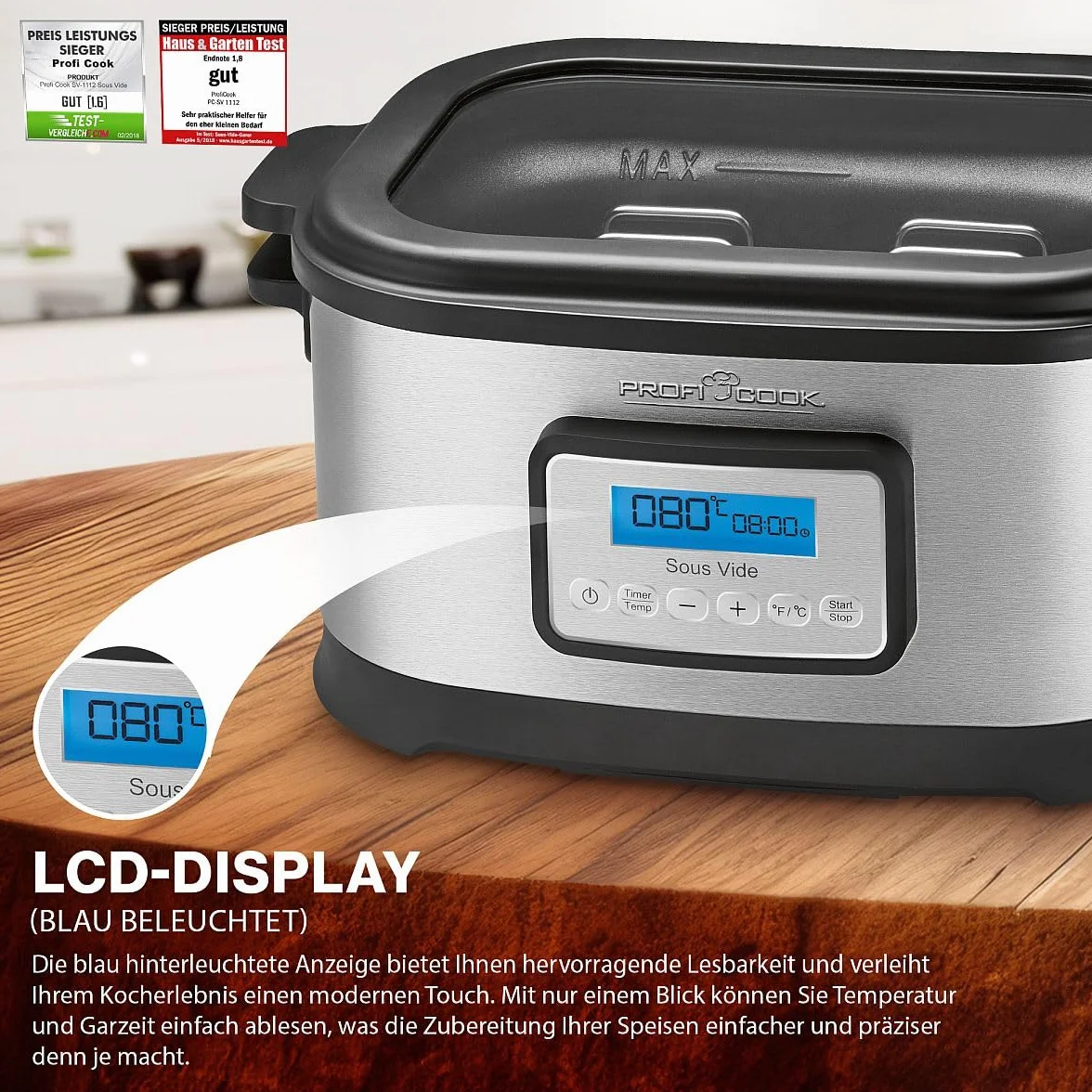 ProfiCook PC-SV 1112 - Cocotte mijoteuse et Cuiseur sous vide basse température - Capacité 8,5 Litres - 520 Watts Gris/Noir