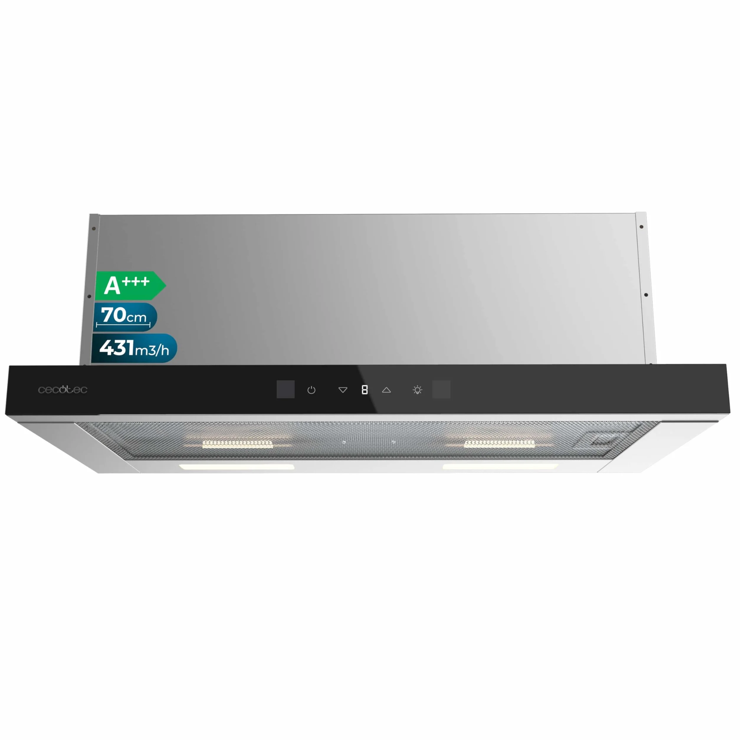 Cecotec Okap teleskopowy 70 cm Bolero Flux TLT 704400 Glass Black A+++. Ssanie 431,2 m³/h, niskie zużycie prądu, silnik DC, kontrola ruchu i dotyk, szkło przednie czarny, korpus ze stali nierdzewnej