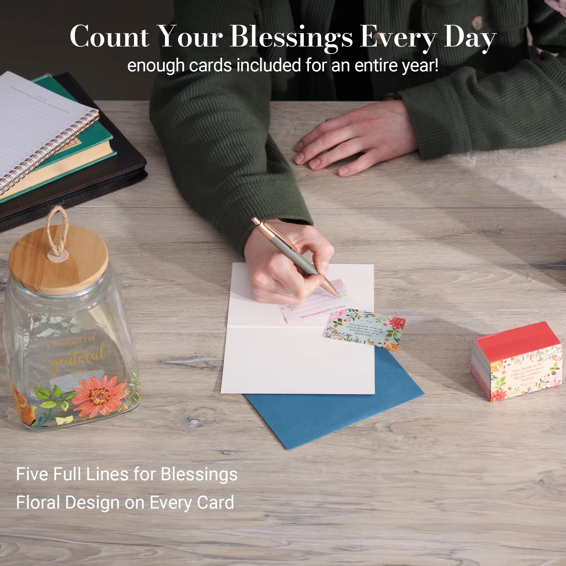 Christian Art Gifts 'Today I'm Grateful For'. Szklany słoik wdzięczności z kartkami