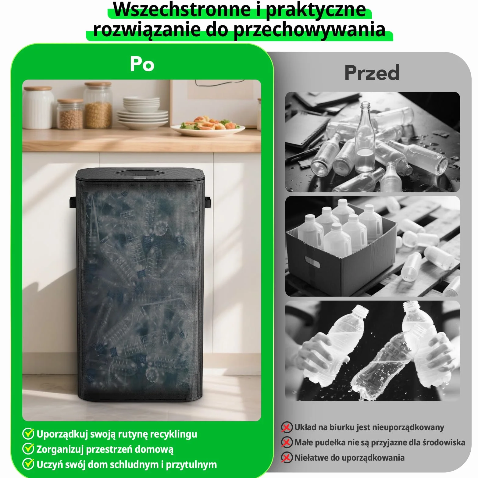 110L Pojemnik na butelki depozytowe z pokrywką, duża torba do przechowywania depozytów, torba na opróżnione butelki z otworem do kuchni i gospodarstwa domowego (Czarny)