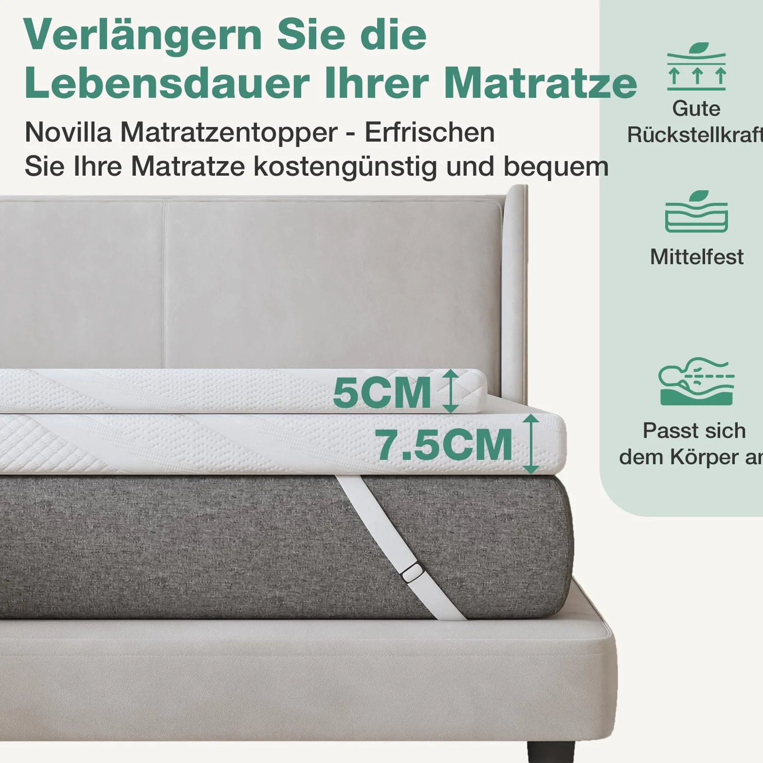 Novilla Topper Viscoelastic 160x200 5 cm, żelowy materac, nakładka na materac z pianki Memory Foam Mattress, bambusowy topper, zdejmowany i nadający się do prania pokrowiec na materac, biały