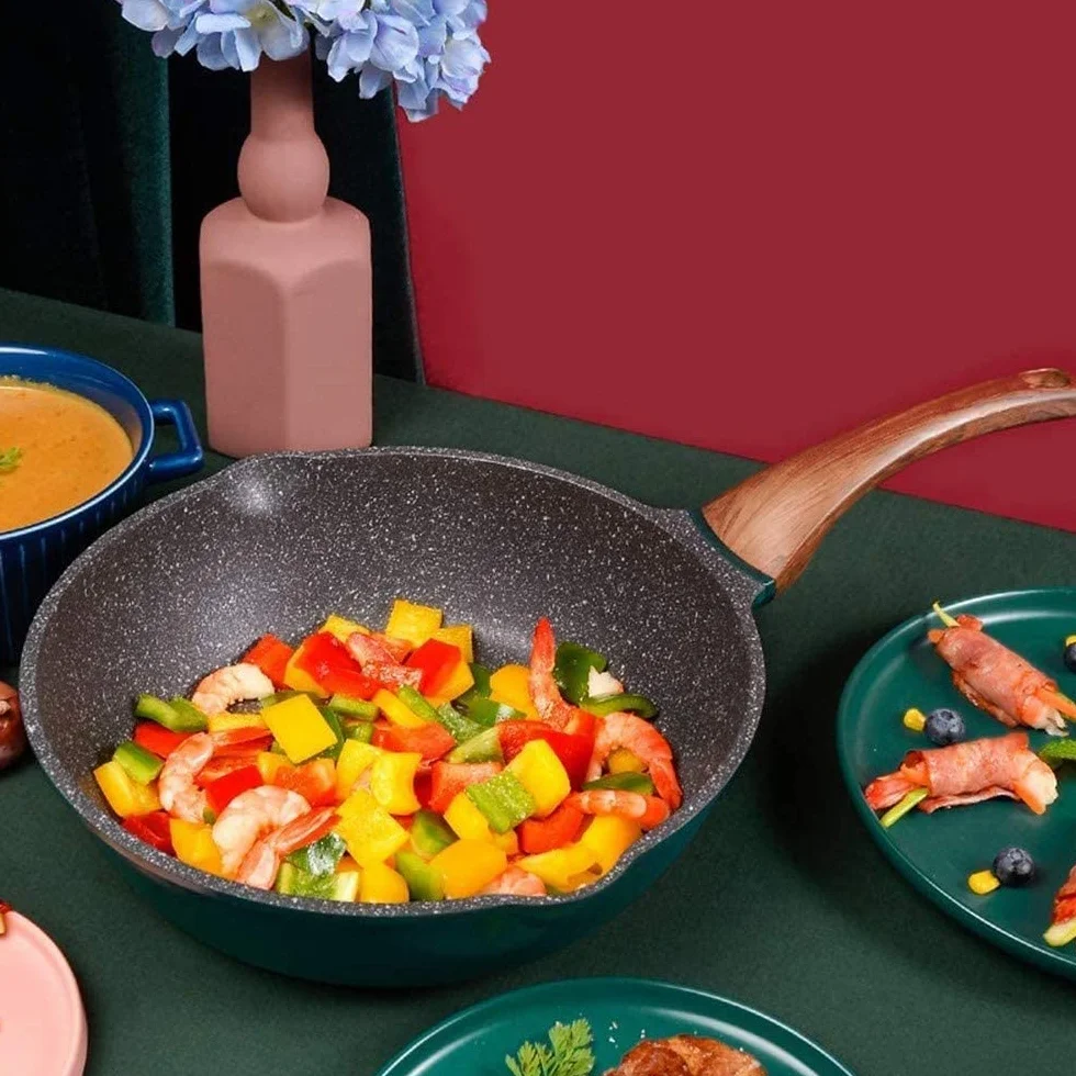 Patelnia do głębokiego smażenia TONONE Nonstick, patelnia wok z pokrywką, chłodny uchwyt, zdrowa patelnia do gotowania z powłoką granitową, (rozmiar: mały)