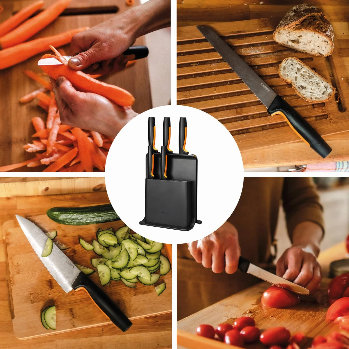 Fiskars Blok 5 noży,Functional Form,nóż do warzyw i Santoku, nóż do chleba,Czarny,1057554