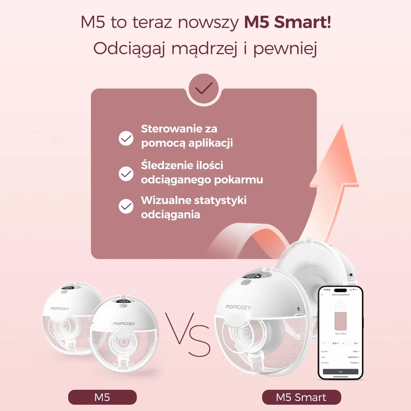 Momcozy M5 Smart Elektryczna Laktacja Bezprzewodowa, Sterowana Aplikacją, 3 Tryby 9 Poziomów SSania, 24 mm Końcówka (Czerwony, 2 szt.)
