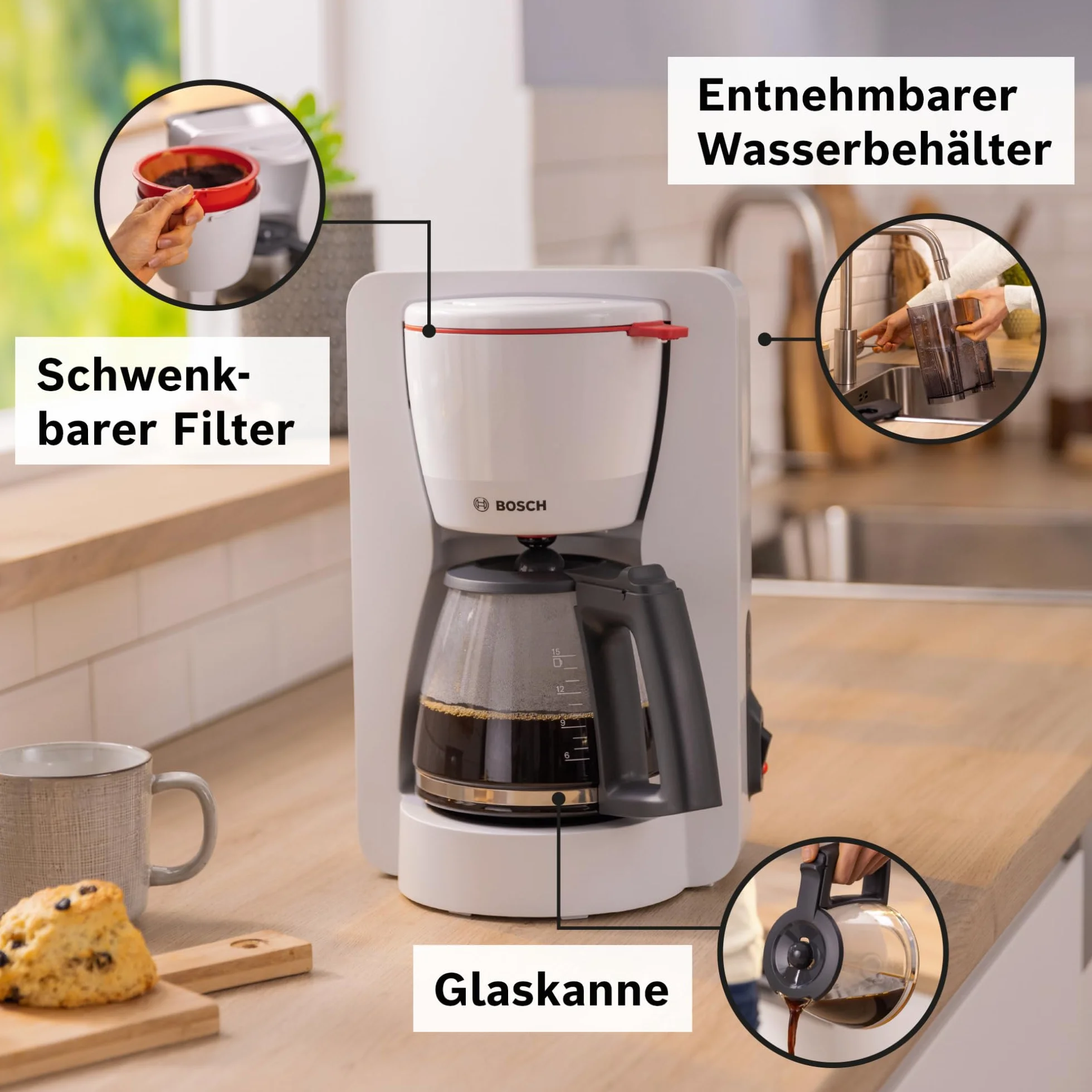 Bosch MyMoment TKA2M111 przelewowy ekspres do kawy, szklany dzbanek 1,25 l, na 10-15 filiżanek, funkcja utrzymania ciepła 40 min, funkcja zatrzymania kapania, obrotowy uchwyt filtra, zdejmowany