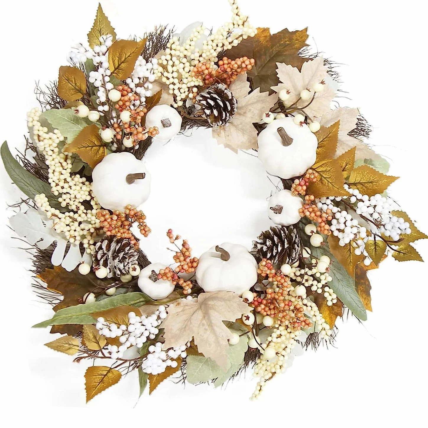 Jesienne wieńce z dyni na drzwi wejściowe, 45 cm, dekoracje na werandę, sztuczna girlanda, dynia, jagody, żołędzie, liście klonu, Halloween, Boże Narodzenie
