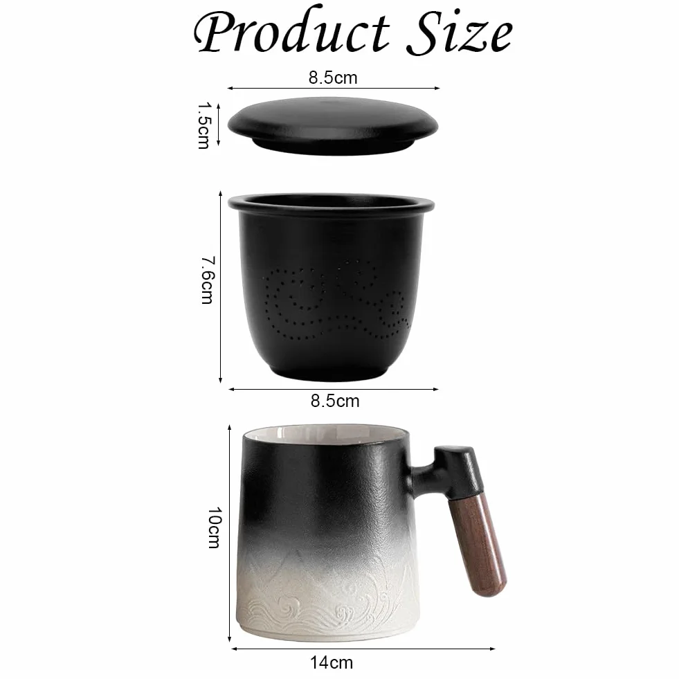 LOMUG Filiżanka do herbaty z pokrywką i sitkiem, 450 ml, duży kubek do herbaty z sitkiem, ceramiczny, do codziennego użytku i biura, prezent dla taty, dziadka, rodziny i przyjaciół, do namaczania