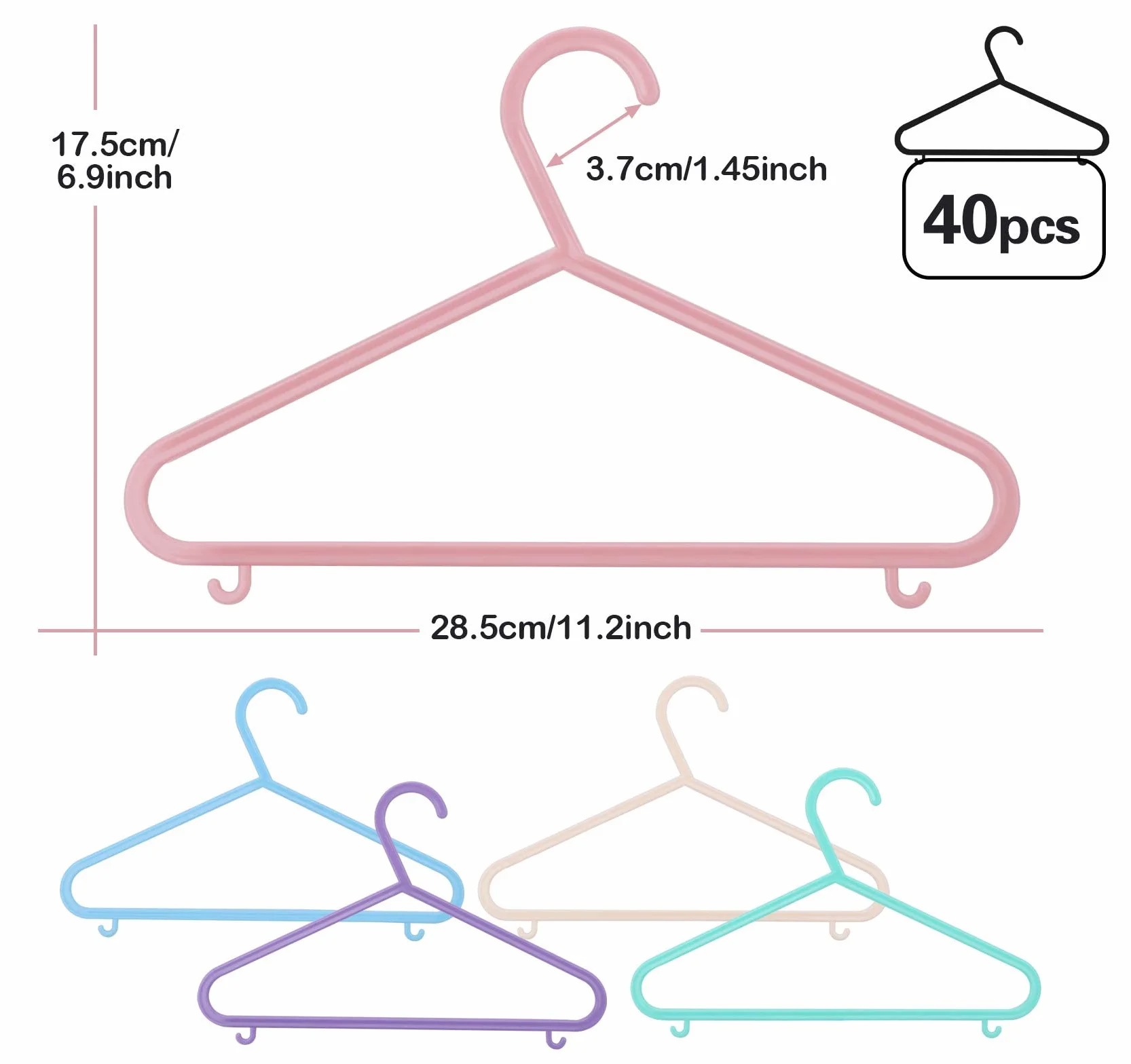 ilauke 40 sztuk plastikowych wieszaków na ubrania dla dzieci, kolorowe plastikowe wieszaki na ubrania dla dzieci, ze spódnicą, drążek do spodni (28,5 cm x 17,5 cm)