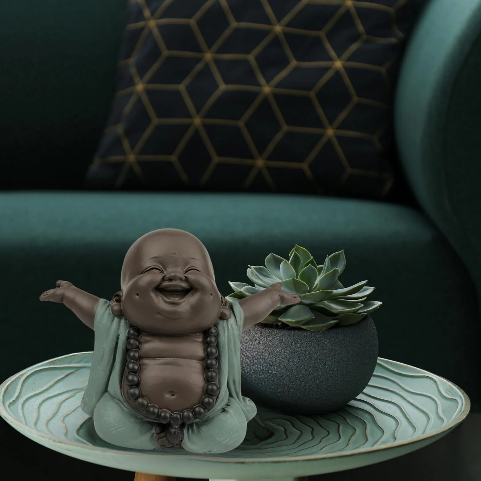 Statuetka Buddy na szczęście Zen Feng Shui 9 cm zielona brązowa