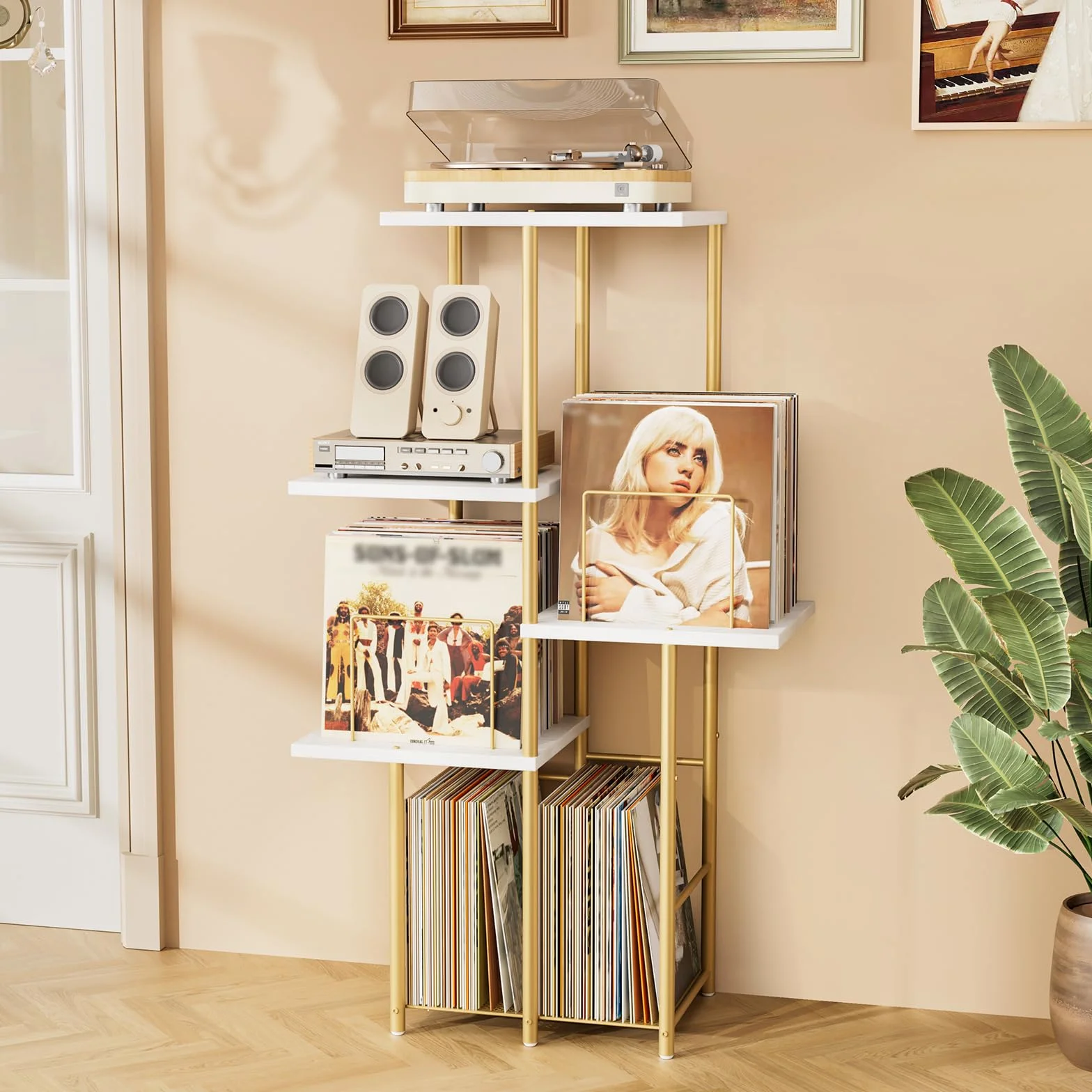 Bikoney Skivspelarbord Mid-Century Modern med Vinylförvaring för LP | Elegancka Wysoka Konsola Drewniana W Stylu Mid-Century Do Salonu, Pojemna Szafka Na Gramofon I Organizer Na Płyty LP