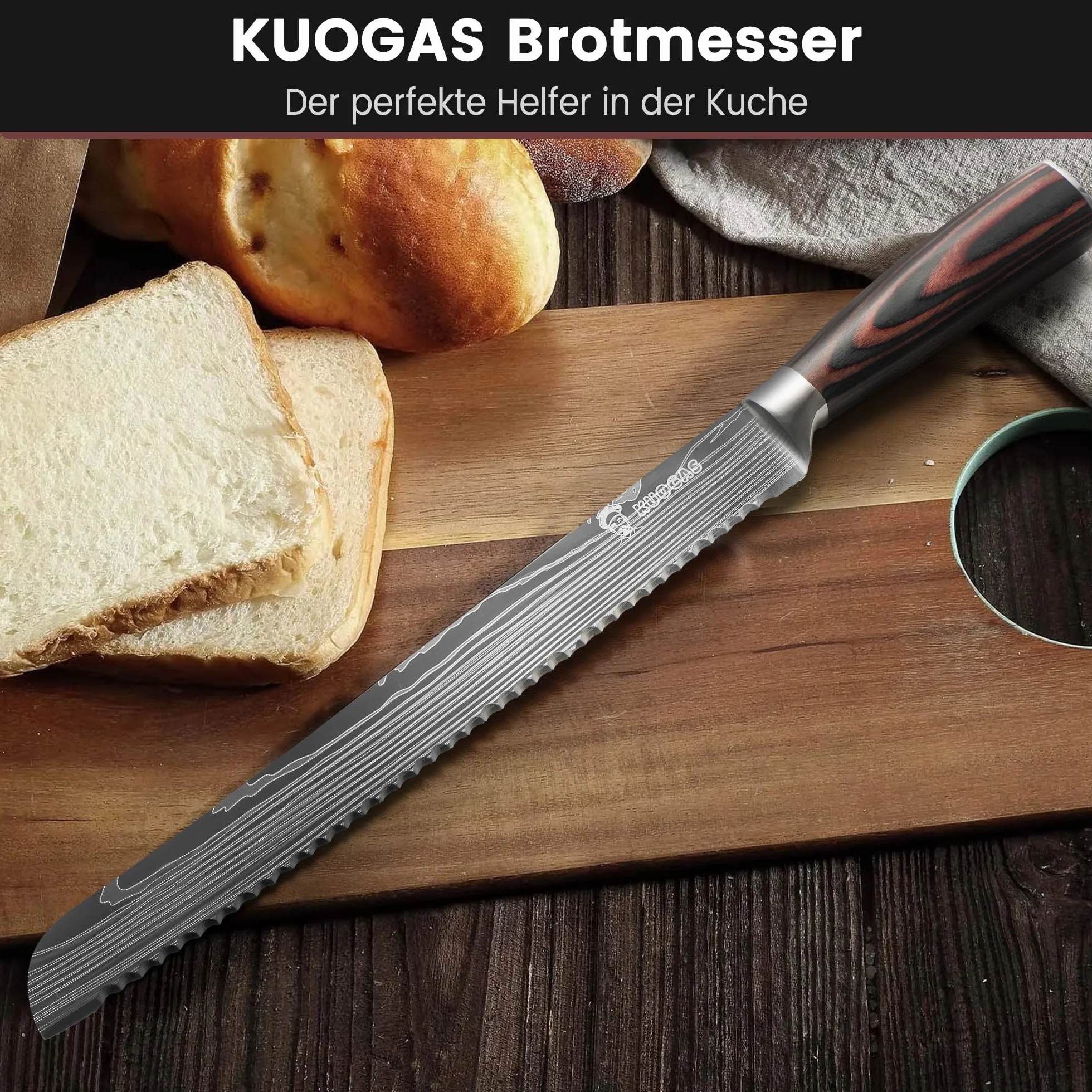 KUOGAS Nóż do chleba ze szlifem falistym 26 cm z wysokiej jakości stali nierdzewnej, bardzo ostre ostrze noża z ergonomicznym uchwytem z drewna Pakka