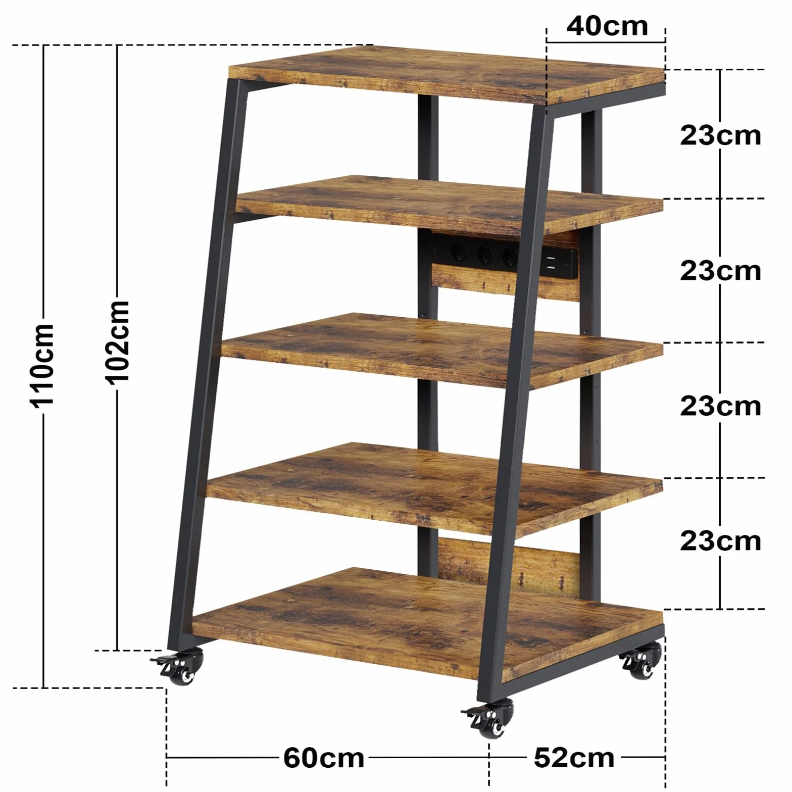 5-stopniowy stojak HiFi z kółkami, stół gramofonowy z listwami zasilającymi, diodami LED, regulowana półka, drewniany stojak na media, regał HiFi do systemu audio, system stereo, 60 x 52 x