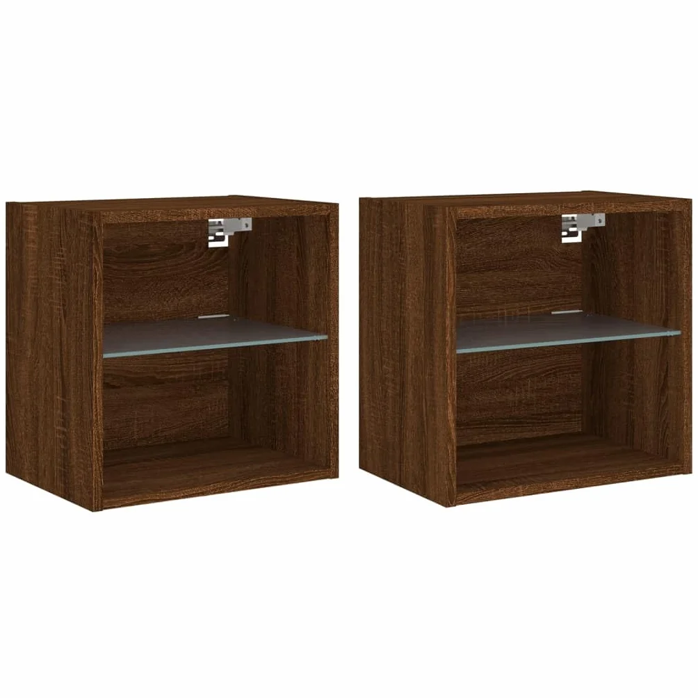 Naścienne stoliki nocne z oświetleniem RGB LED, zestaw 2 szt., brązowy wygląd dębu, 40 x 28,5 x 40 cm, pływające, nowoczesny mebel do sypialni
