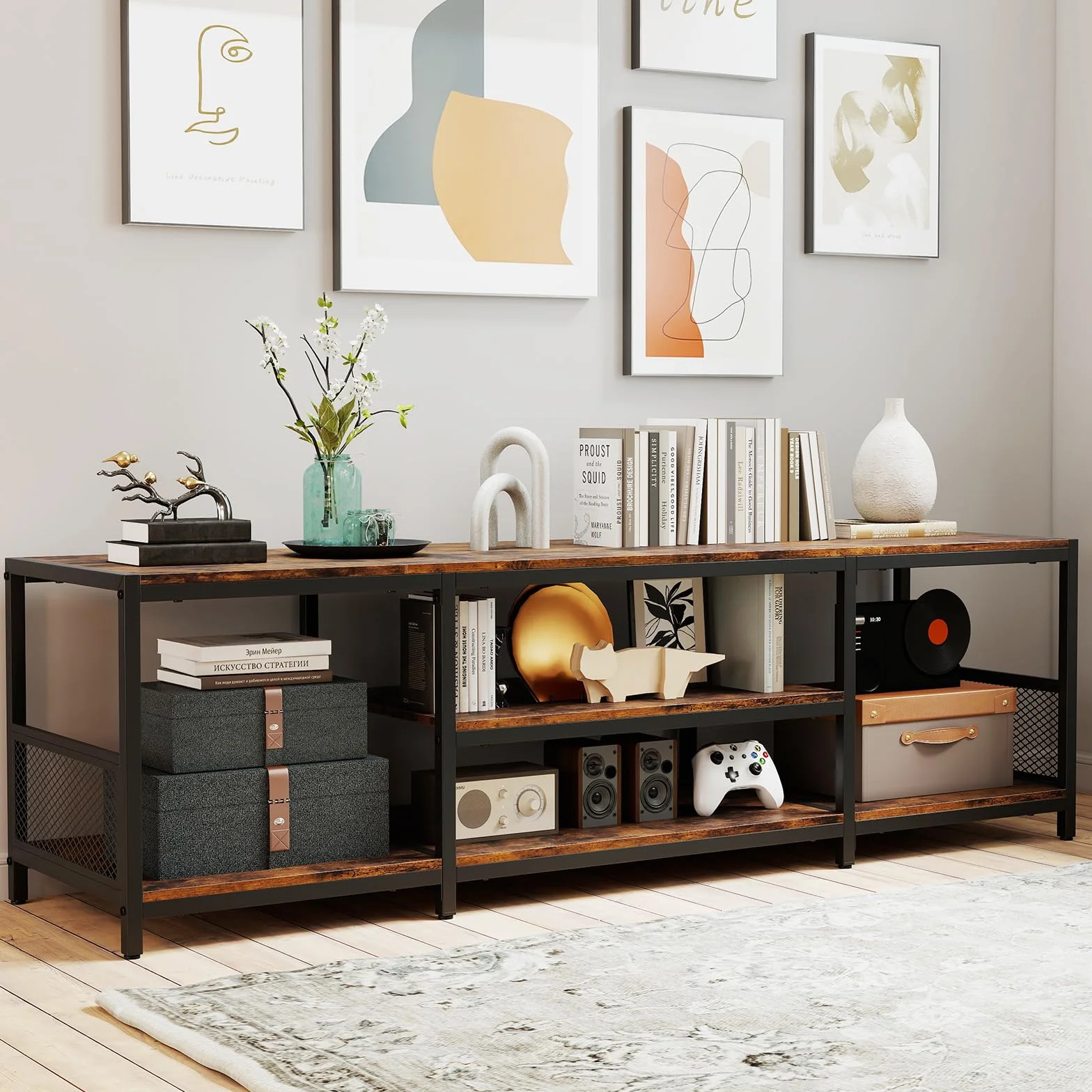 COSTWAY szafka TV na telewizory do 65 cali, wolnostojąca szafka niska z otwartymi półkami i metalową ramą, stolik pod telewizor w stylu przemysłowym do salonu i sypialni, rustykalny brąz