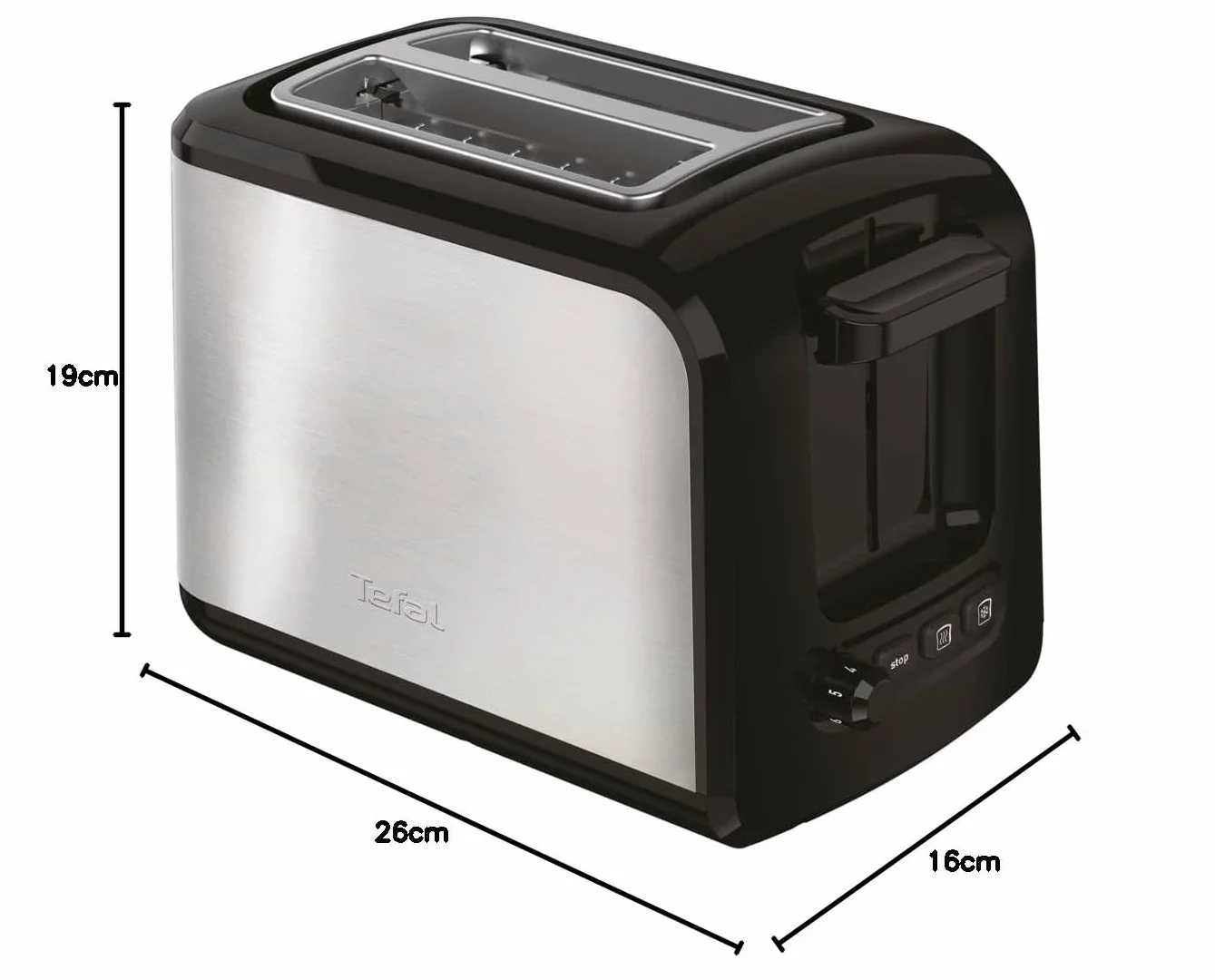Tefal TT410D Express Toster na 2 kromki, czarny, stal nierdzewna, moc 850 W, szerokość szczeliny 160 mm, 7 poziomów przyrumienienia