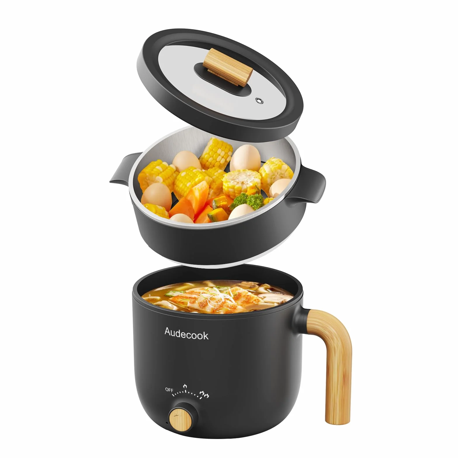Audecook Elektryczna patelnia Hot Pot, 1,5 l, przenośna, nieprzywierająca, szybka, patelnia podróżna z podwójnym sterowaniem mocy, do steków/makaronów/zupy/jajka/owsa