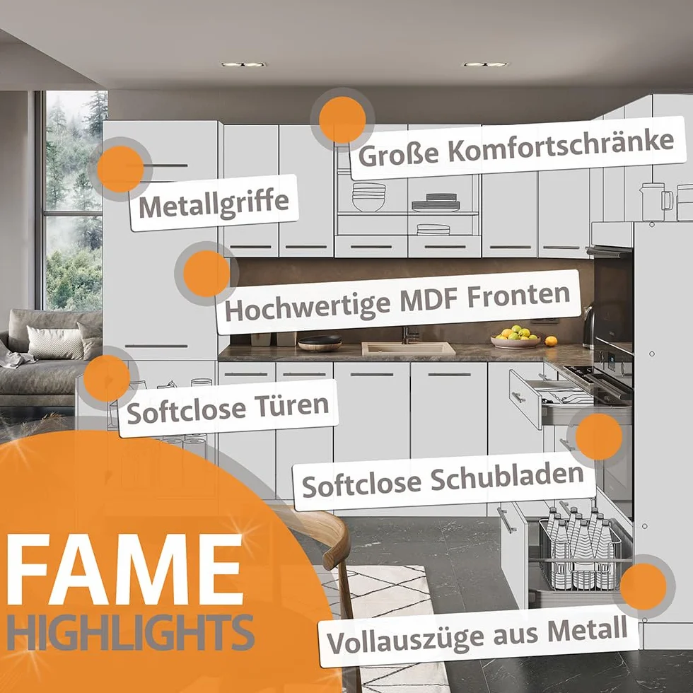 Vicco Aneks kuchenny "Fame-Line", Biały wysoki połysk/biały, 280 cm | bez blatu roboczego, pour une extension personnalisée avec des modules complémentaires adaptés