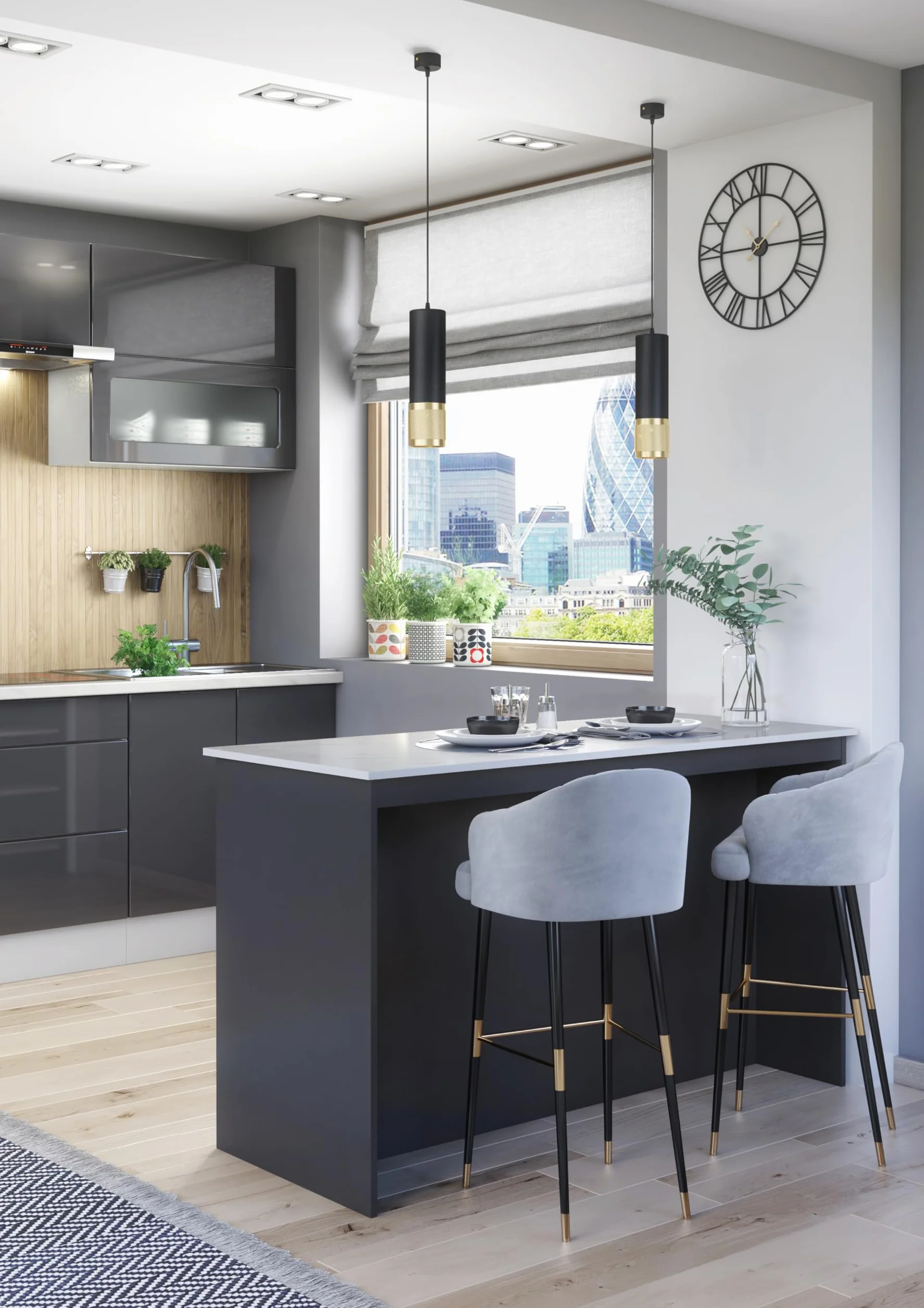 Furneo Kitchen Island Wyspa kuchenna grafit i bialy marmur KI02