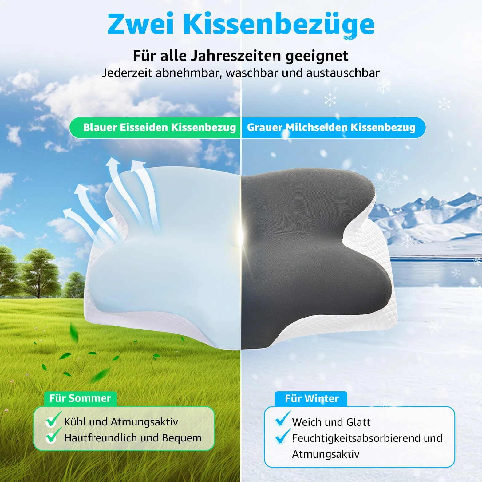 BRO Poduszka podpierająca kark, z pianki z pamięcią kształtu, ergonomiczna poduszka pod głowę, dla osób śpiących na boku, plecach i brzuchu, na bóle karku, 60 x 40 x 13 cm