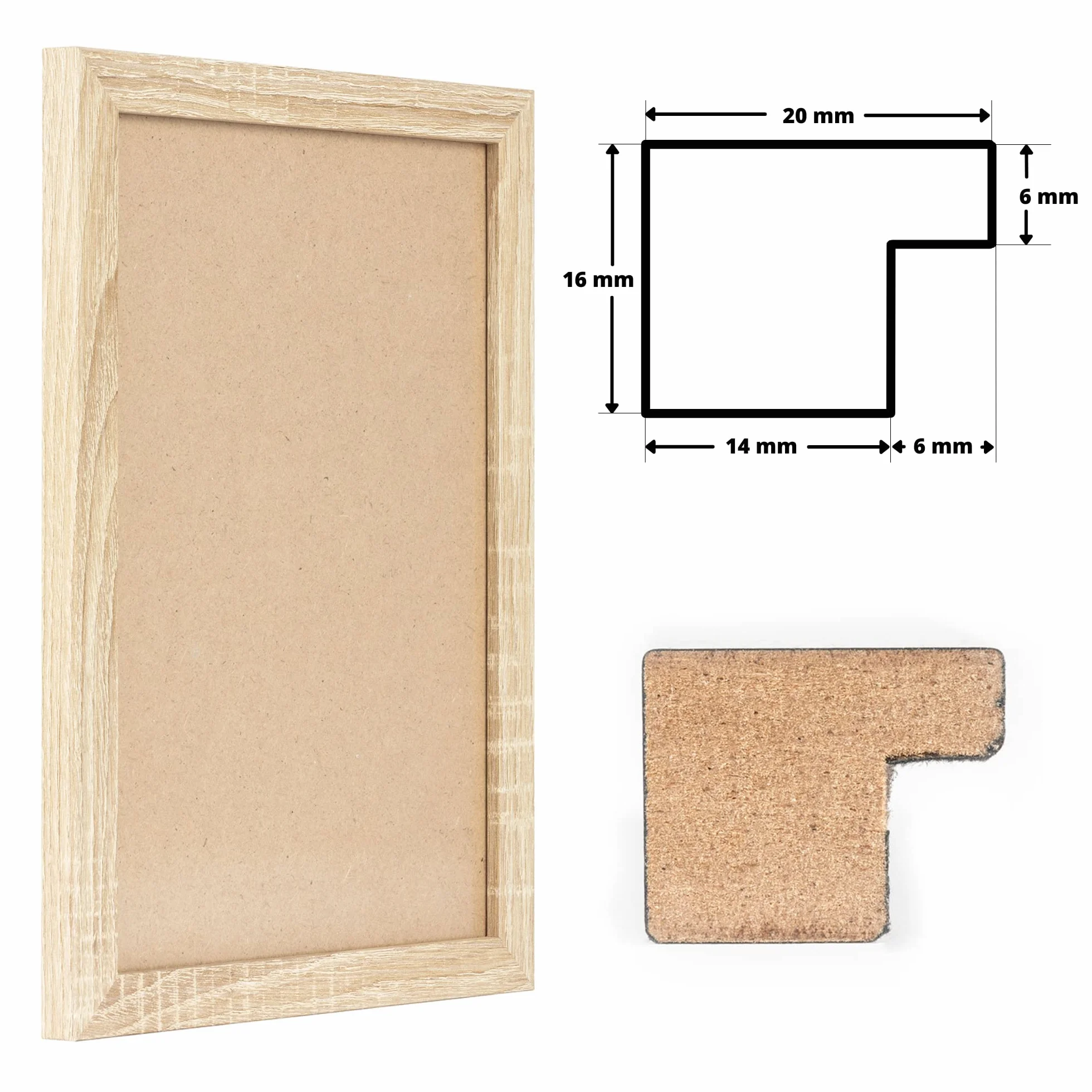 CLAMARO "COLLAGE 20" ramka na zdjęcia 85x120 wykonana na miarę ręcznie | dąb sonoma | nowoczesna, 20 mm szeroka, elegancka konstrukcja ramki z MDF, drewno w kolorze dębu, łącznie z szkłem akrylowym