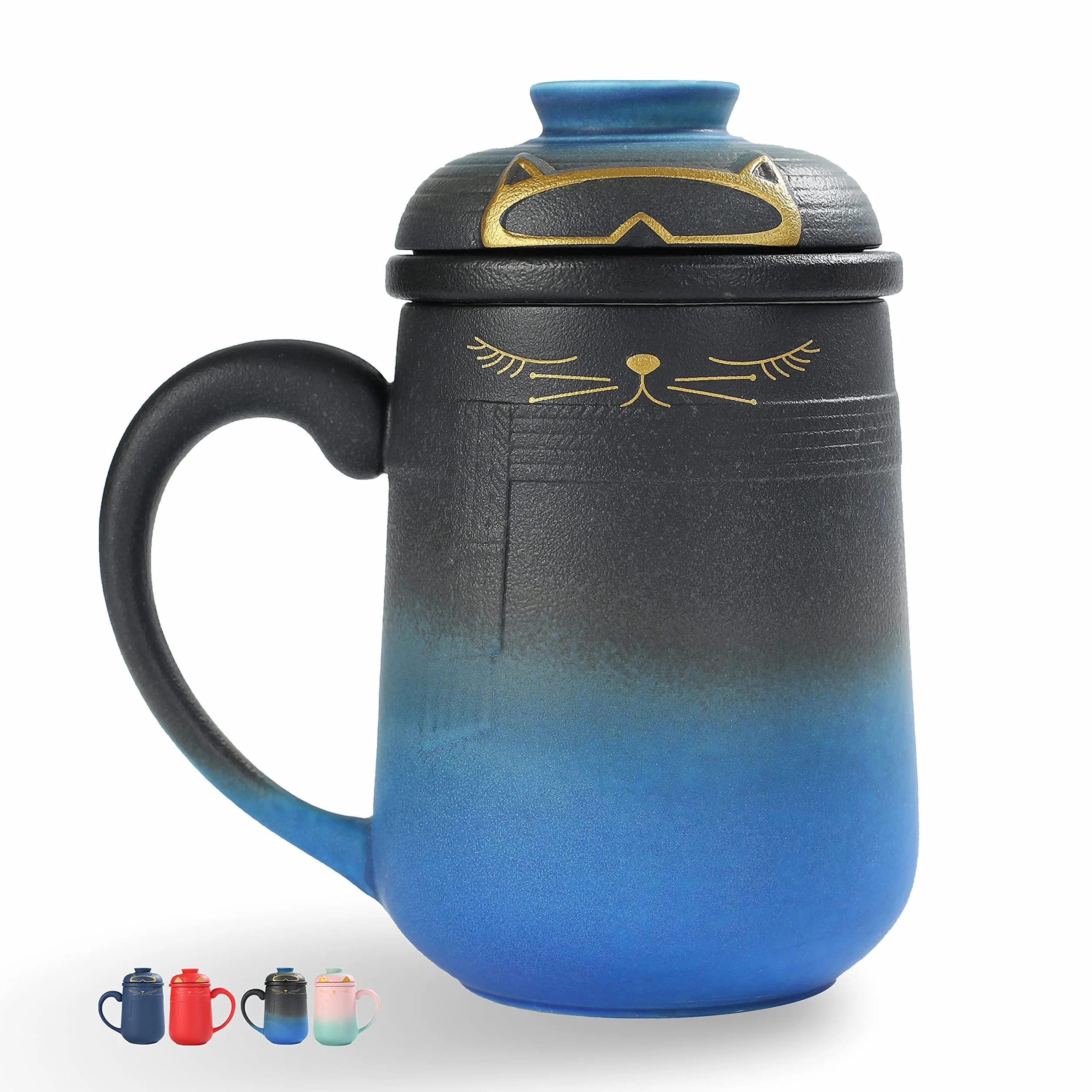 TEANAGOO Ceramiczny kubek zaparzający dla kota z pokrywką, 460 ml, gradient niebieski do czarnego, duży japoński zestaw filiżanek do herbaty, szklany kubek z dyfuzorem herbaty japoński kubek do kawy