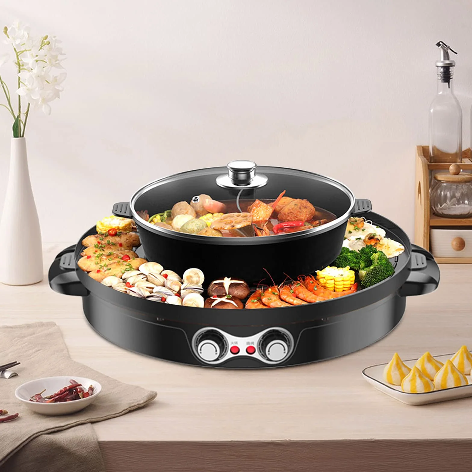 Hot Pot elektryczny garnek do grillowania 2 w 1 Shabu Shabu i koreańskim BBQ, 2200 W hotpot z grillem, elektryczny kociołek na imprezę, dla rodziny i spotkań towarzyskich