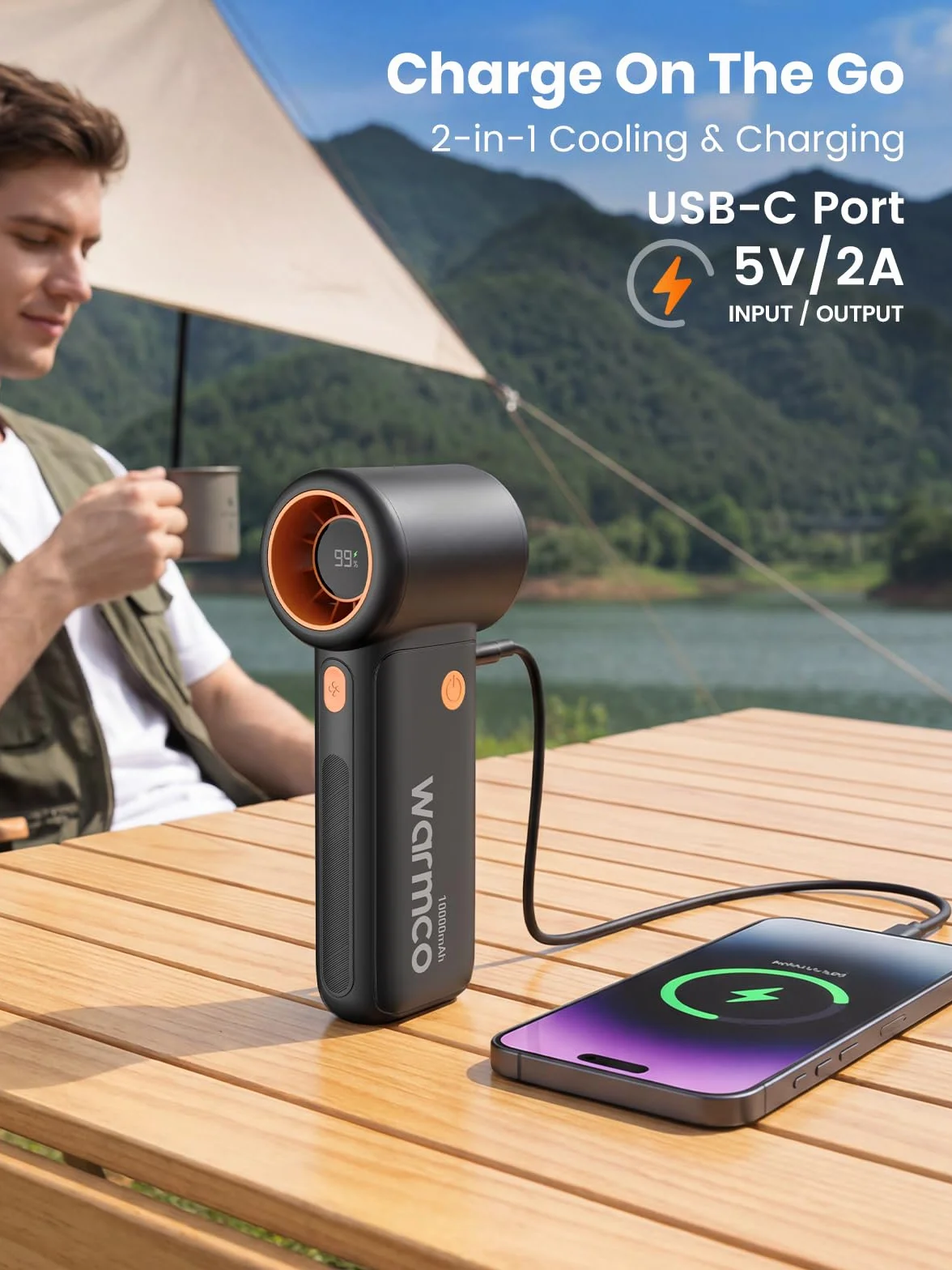 Warmco Przenośny wentylator 10000 mAh, przenośny osobisty wentylator turbo z wyświetlaczem LED, ładowany przez USB, 5 prędkości, chłodzenie 36 godzin, przenośna ładowarka, podróże