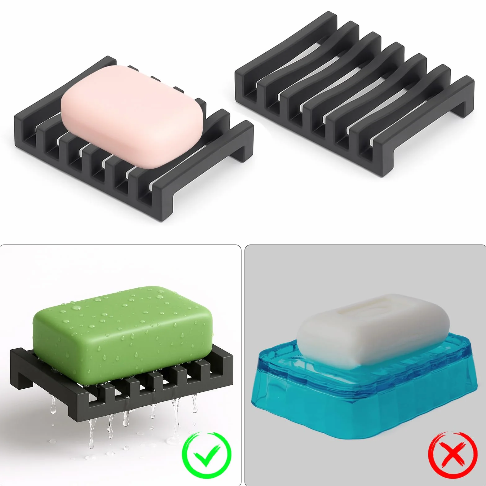 VOSSOT 2 silikonowe mydelniczki z odpływem, łatwe do czyszczenia, czarne, do kuchni, łazienki, dłużej utrzymuj mydło w suchości