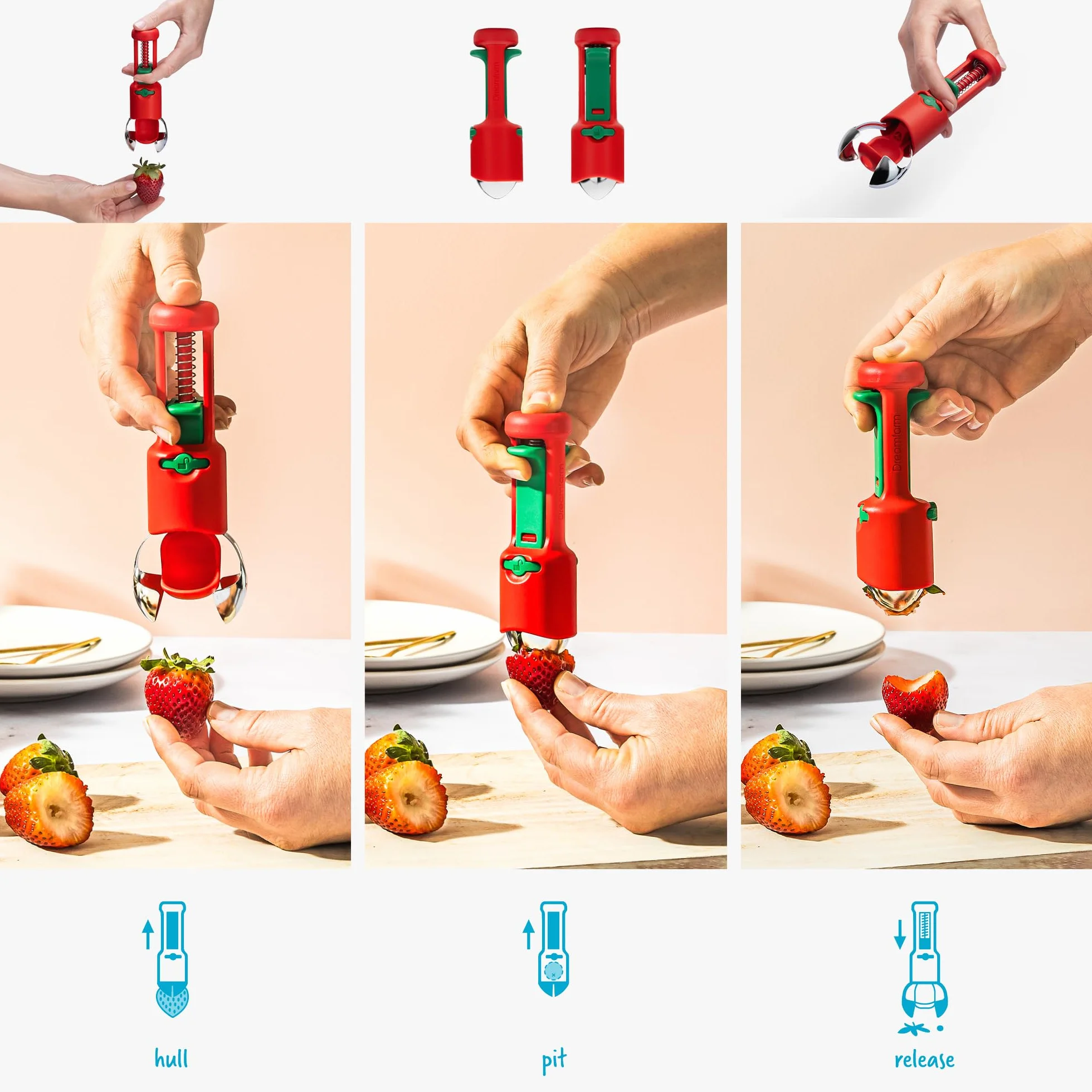 Dreamfarm Hullapit 3 w 1 Fast & Easy Strawberry Huller, Cherry Pitter & Olive Pitter - Czerwony/Zielony