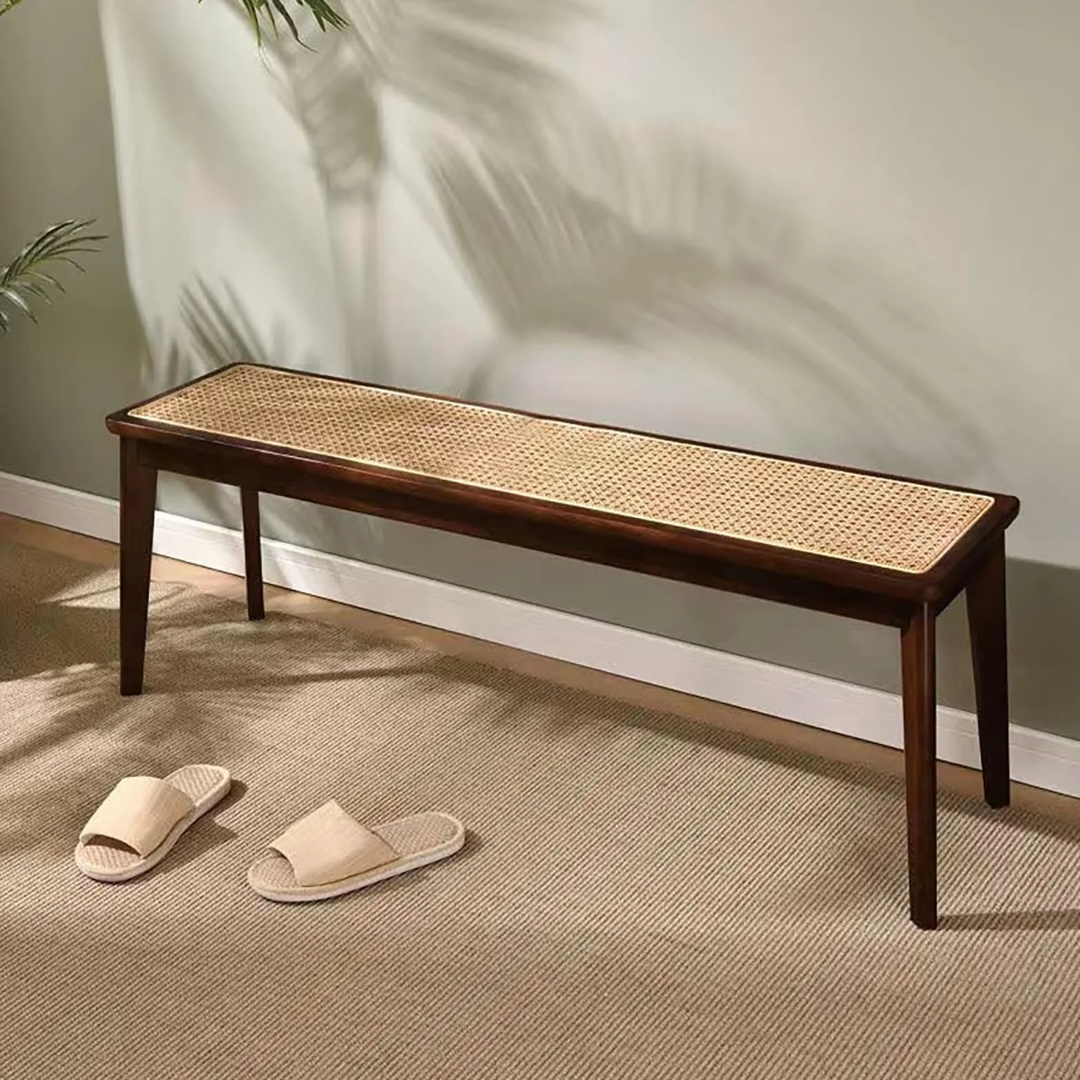 Elegancka drewniana ławka wejściowa dla 2 osób, elegancka, orzech, z pluszowym futrem, do salonu, kuchni, przedpokoju i sypialni, dekoracja (80 x 30 x 45 cm)