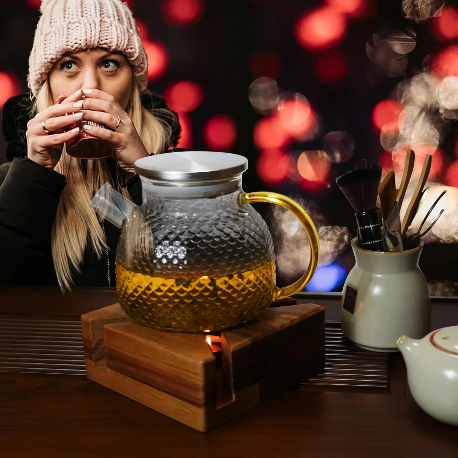 Atrakcyjny bambusowy podgrzewacz, odporny na wysokie temperatury i izolujący ciepło, dzbanek do herbaty z podgrzewaczem, ręcznie wykonany podgrzewacz do dzbanka do herbaty, podgrzewacza, nadaje się do