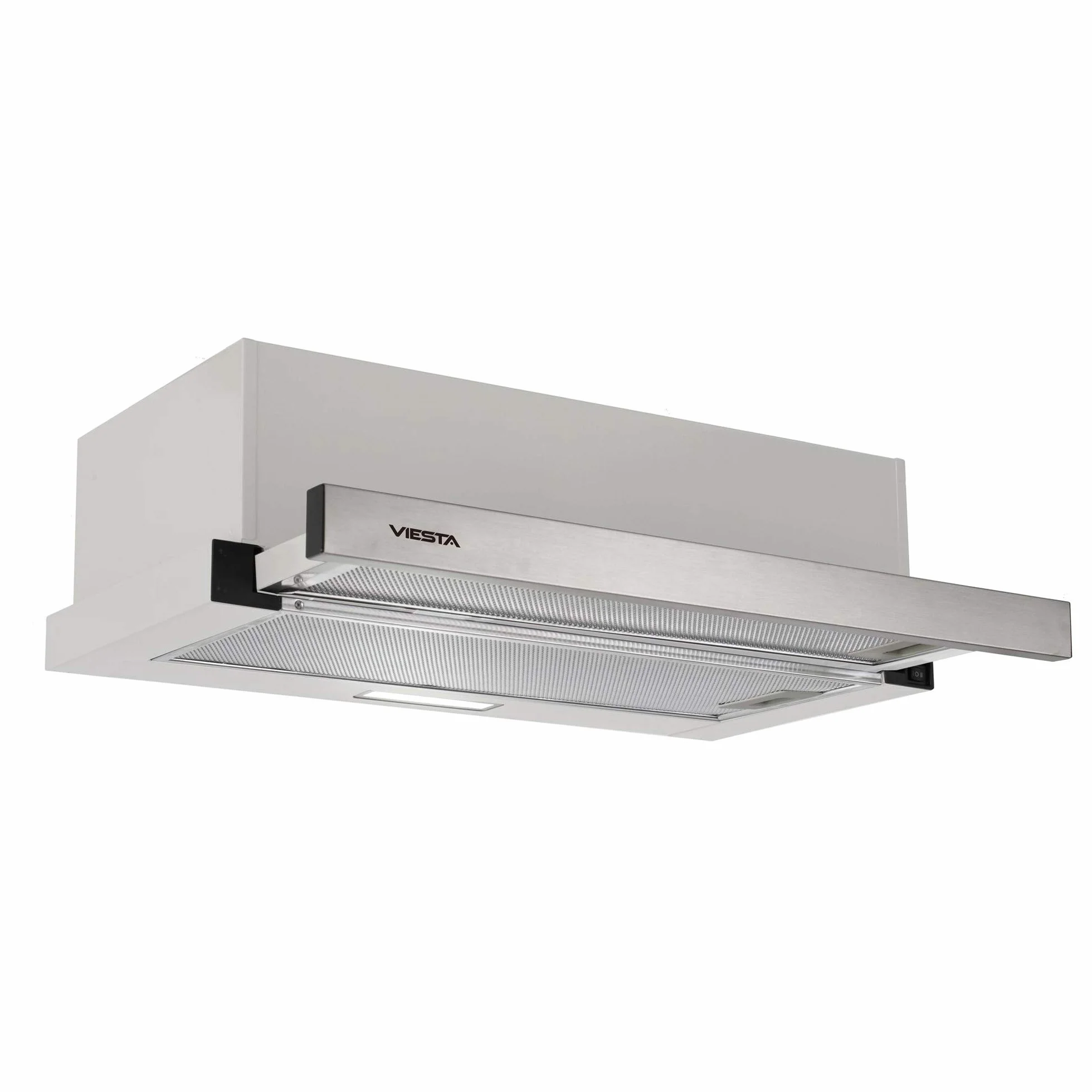 VIESTA VDE6065SR okap kuchenny, 60 cm, płaski okap kuchenny, do zabudowy, wysuwany, stal nierdzewna, powietrze wylotowe/obieg (filtr z węglem aktywnym) 333,8 m³/h, 59-64 dB, klasa energetyczna B