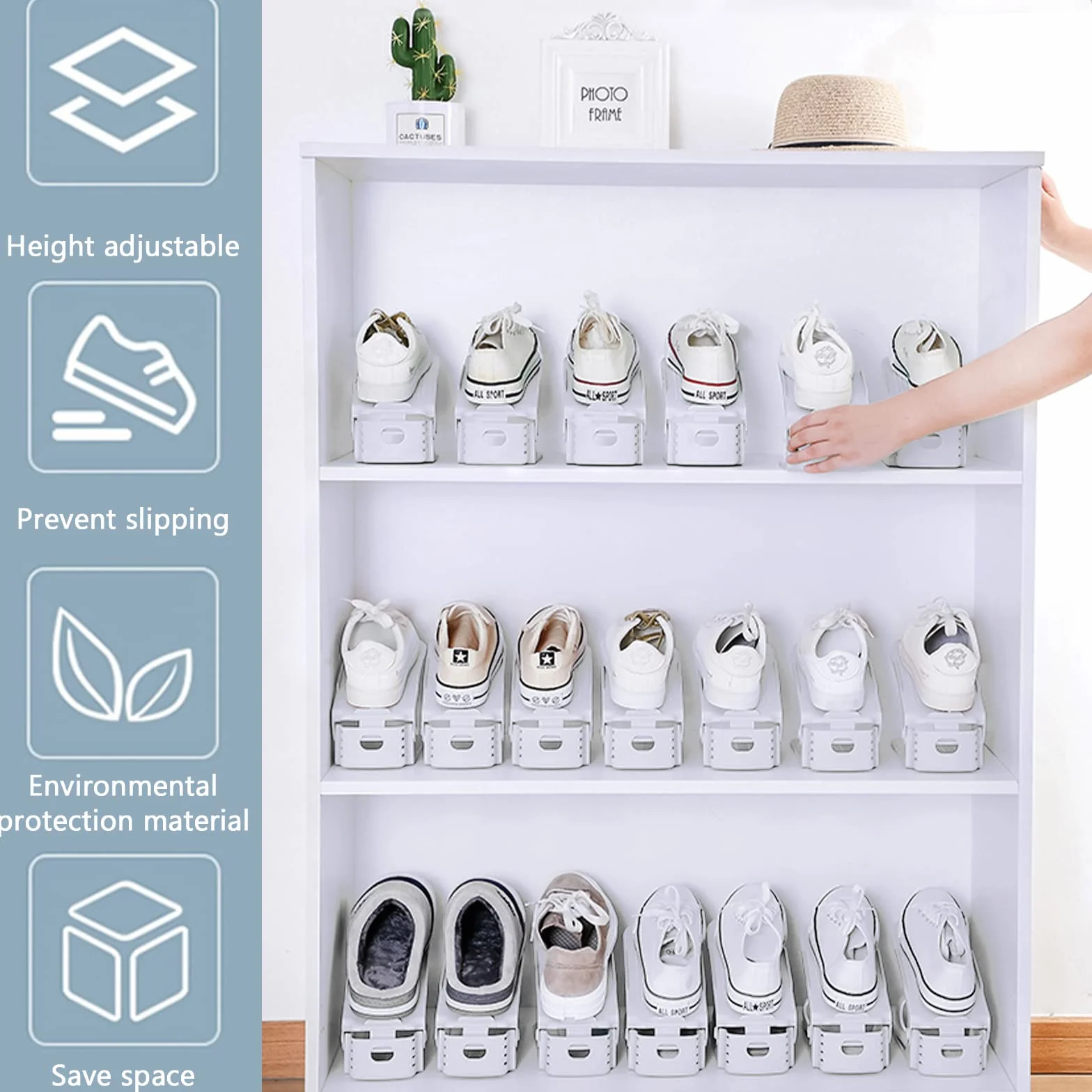 10 regulowanych regałów na buty, materiał PP, organizer na buty, podwójna warstwa, 3 regulowane półki na buty, oszczędność miejsca, antypoślizgowe półki na buty (białe)
