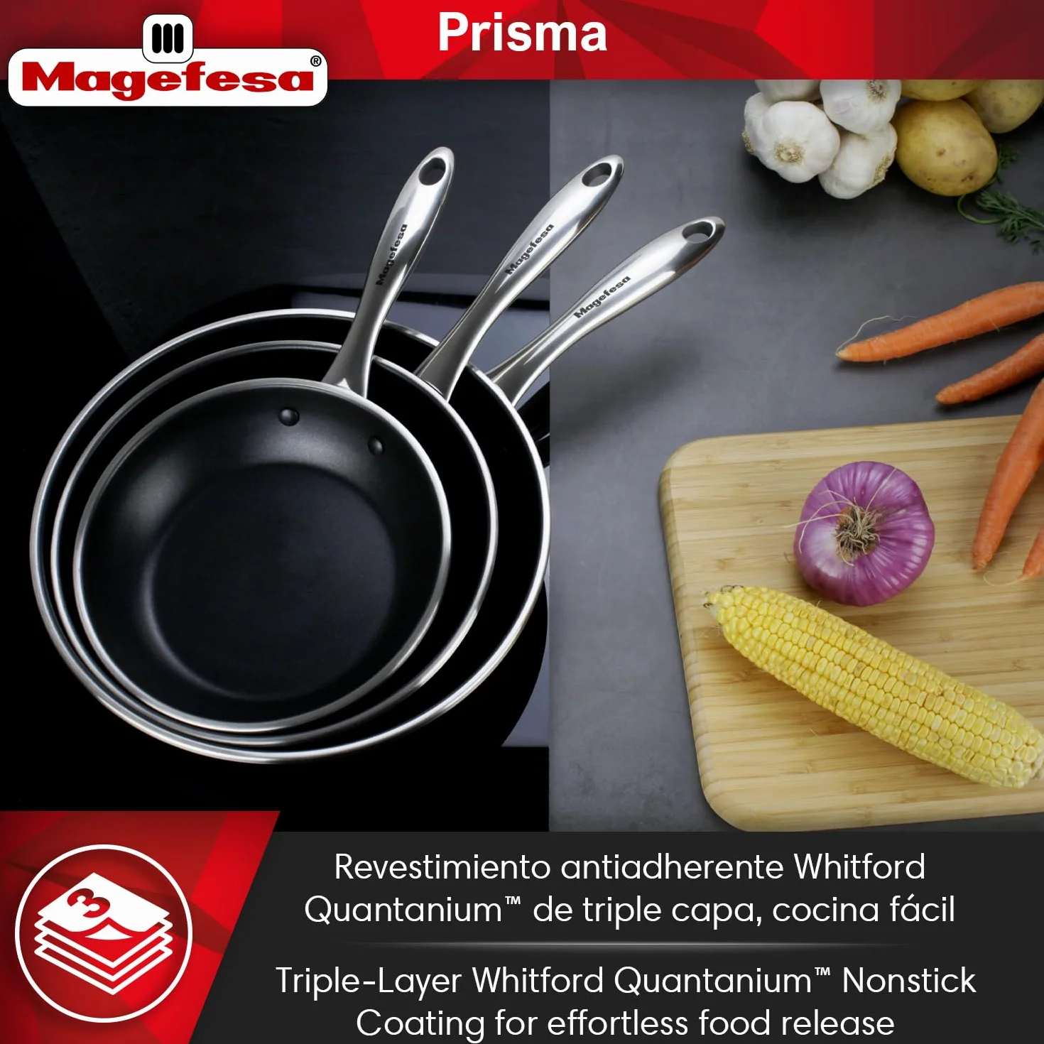 MAGEFESA Prisma zestaw patelni 24 + 28 cm + pojemnik na lunch 21 cm, stal nierdzewna 18/10, nieprzywierająca trójwarstwowa, do wszystkich kuchenek, indukcyjnych, piekarników