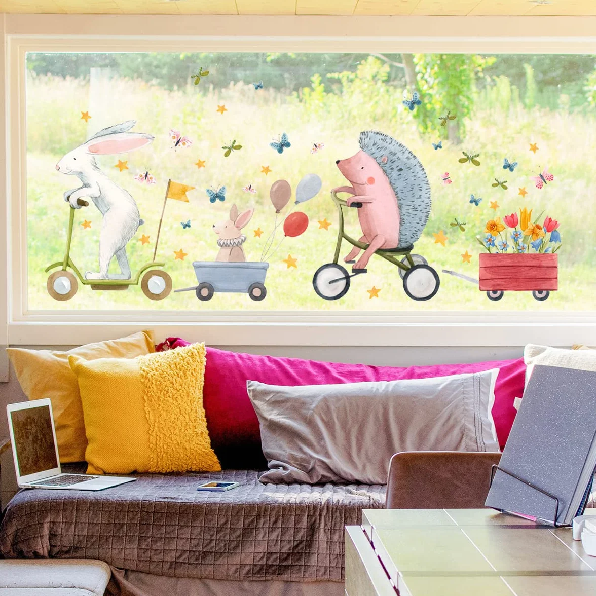 WandSticker4U® - Wielokrotnego użytku obrazki okienne dla dzieci, zając i jeż, samoprzylepne, naklejki na okno, zwierzęta, kwiaty, motyle, dziewczęta i chłopcy, dekoracja pokoju dziecięcego, wiosna