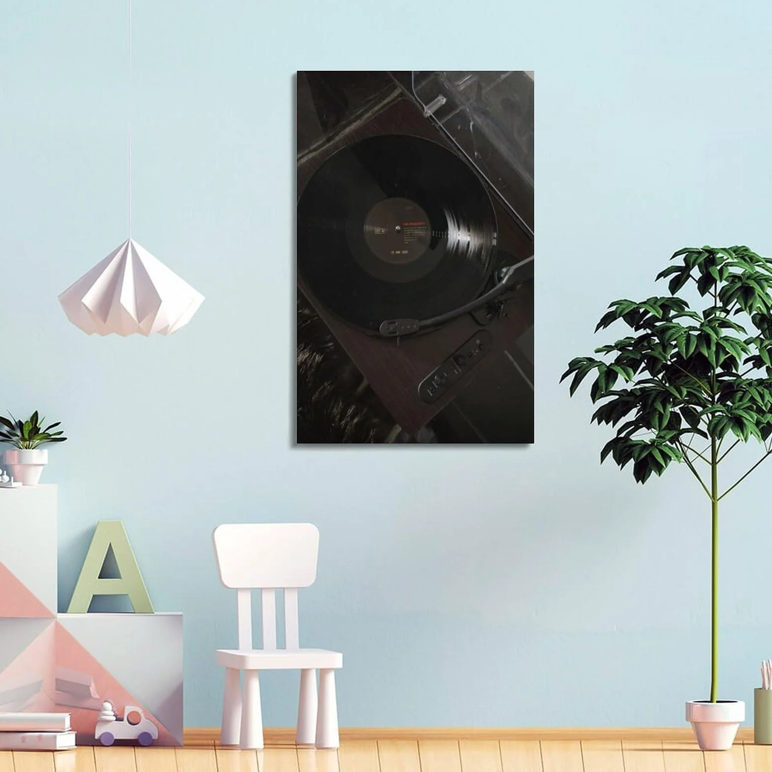 Gramofon z płytą winylową w ciemnym otoczeniu sztuka ścienna, elegancka muzyka retro dekoracja do domu i salonu plakat dekoracyjny obraz płótno plakaty ścienne i obraz artystyczny druk nowoczesny