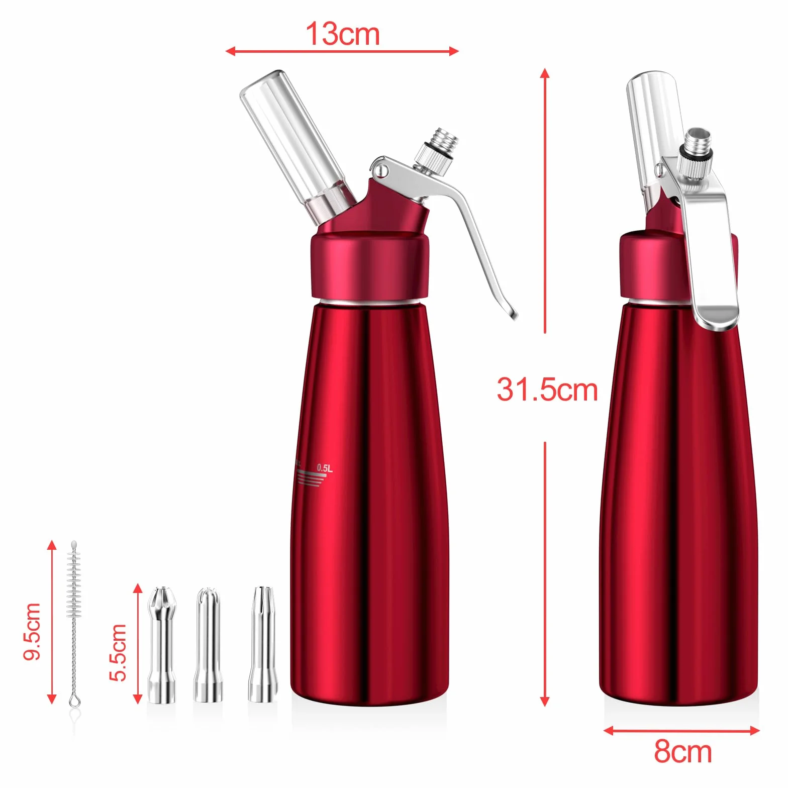 Newaner Syfon do bitej śmietany 500 ml, z aluminium, z 3 końcówkami ze stali nierdzewnej, 1 szczotka do czyszczenia, do dekoracji tortów urodzinowych, ciast, lodów i deserów