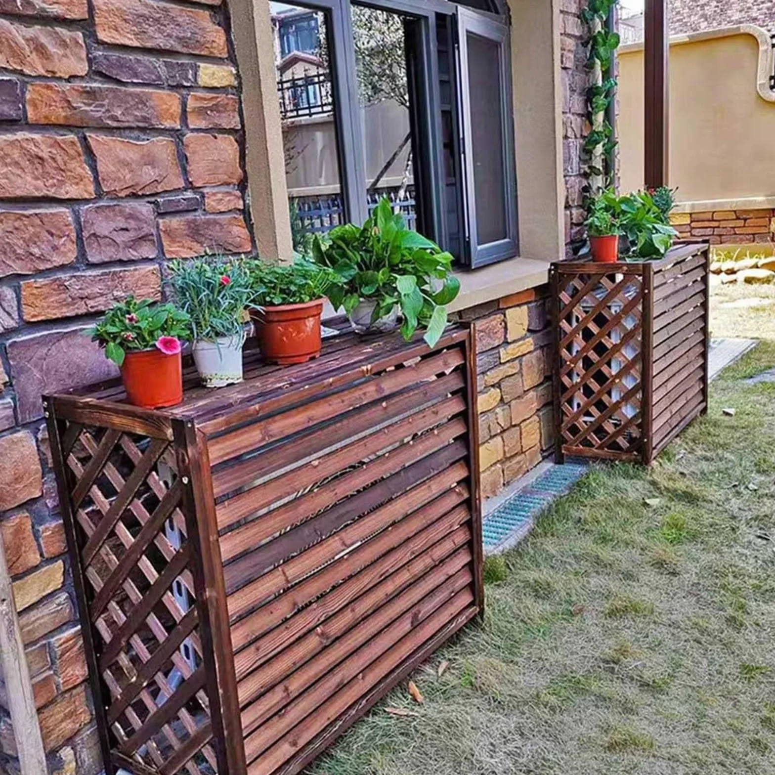 Zewnętrzny drewniany kosz na kompostownik z 4 panelami ekrany prywatności, ogrodzenie klimatyzatora, kosz na śmieci, panele obudowy sprzętu basenowego, idealne do użytku na zewnątrz (rozmiar: 110 x 50