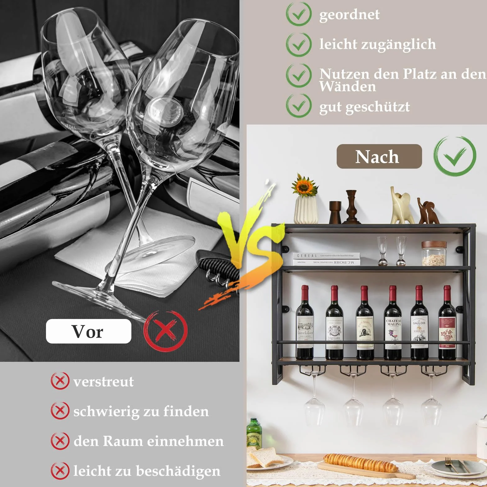 COSTWAY Regał ścienny na wino, 3 poziomy, z metalową ramą, 4 uchwytów na kieliszki, wzornictwo przemysłowe, idealny do domu, baru, kuchni, restauracji
