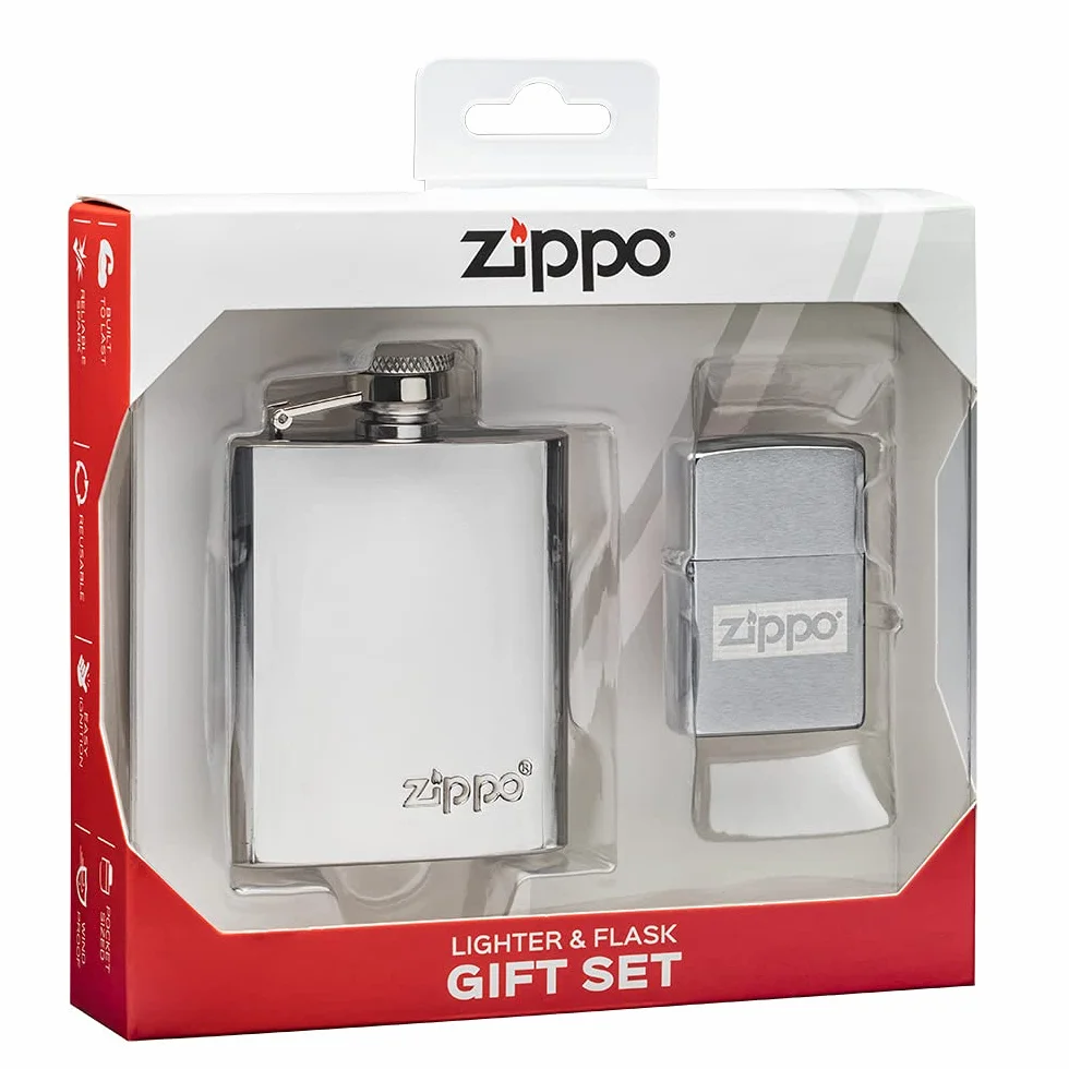 Zippo Zapalniczka Sztormowa i Piersiówka, Zestaw Prezentowy, Szczotkowany Chrom, Lustre, do Ponownego Użytku, Wiatroszczelna, Wyprodukowano w USA