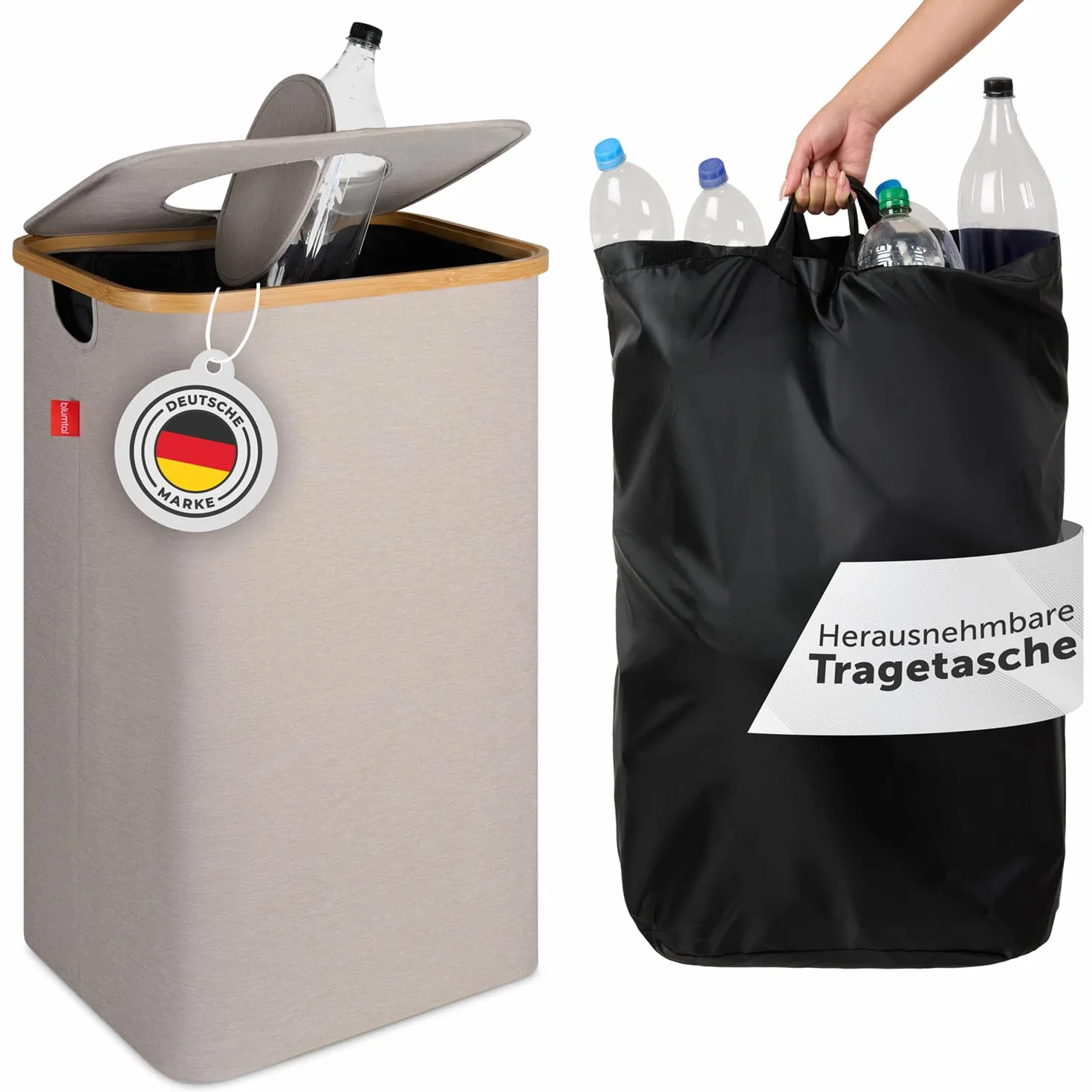 Blumtal Pojemnik na butelki z kaucją 100L - Bambusowy organizer - Torba na butelki - Zwrotne z otworem
