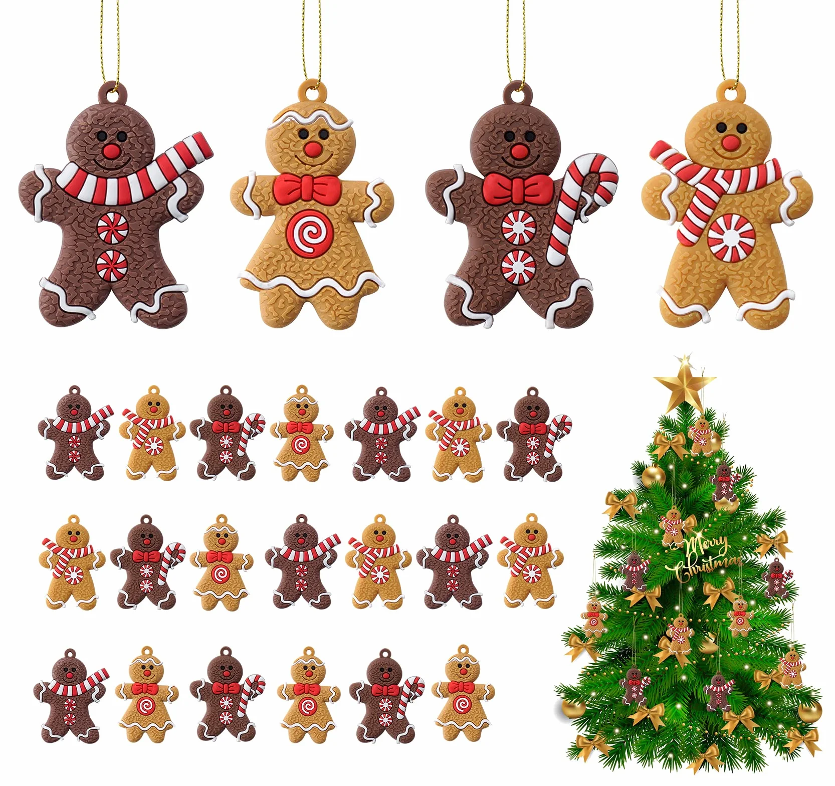 ilauke Świąteczne ozdoby choinkowe, 20 sztuk ozdób choinkowych k ludzik z piernika zawieszki ornament z 24 sznurkami, wiszące figurki piernikowe do ozdób choinkowych