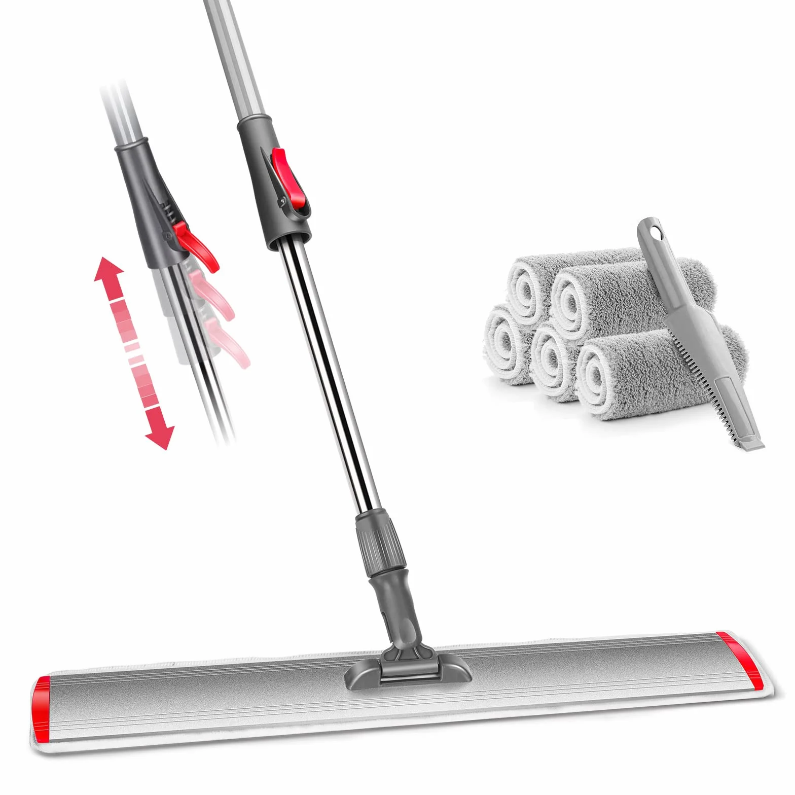 Myiosus Mop do podłóg, mop do podłogi, szerokość 60 cm, z uchwytem ze stali nierdzewnej, regulowany uchwyt ze stali nierdzewnej, płaski mop z mikrofibry, obracany o 360°, do płytek z twardego drewna
